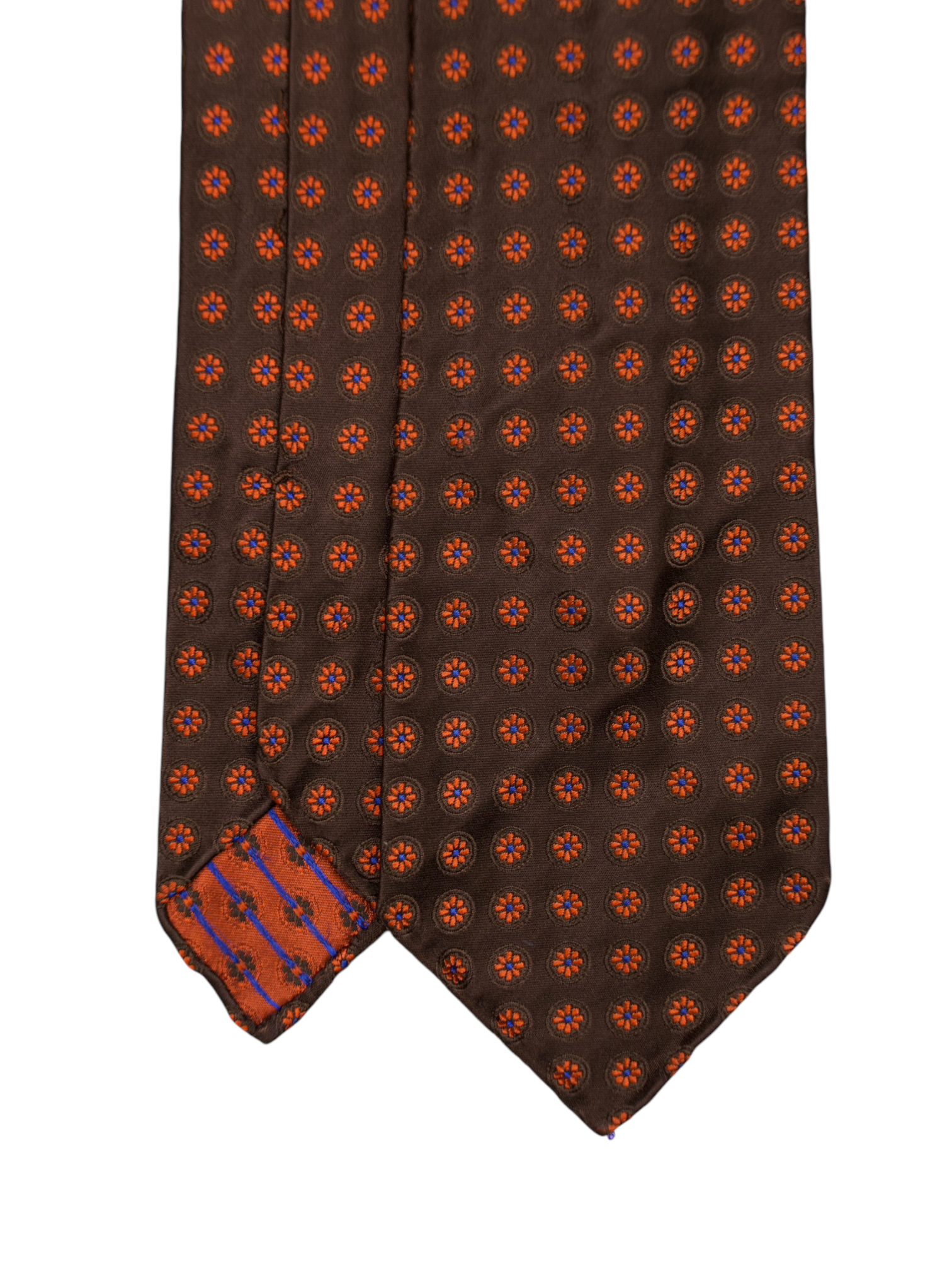 Kiton 5-Fold Dark Brown & Burnt Orange Handrolled Silk Floral Pattern Tie