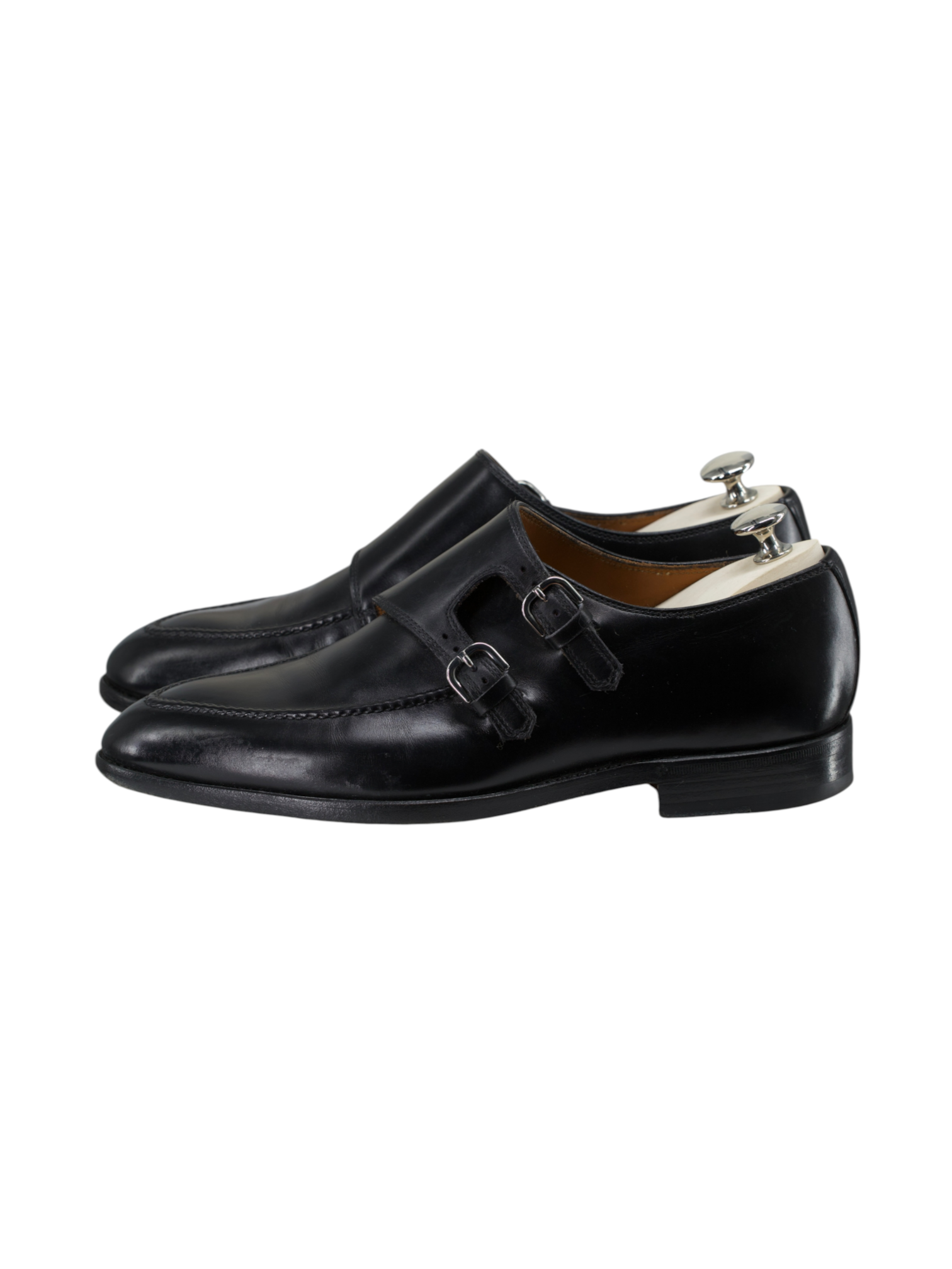 Bontoni Black Calfleather Diagonal-Curved "Diamante III" Double Monk