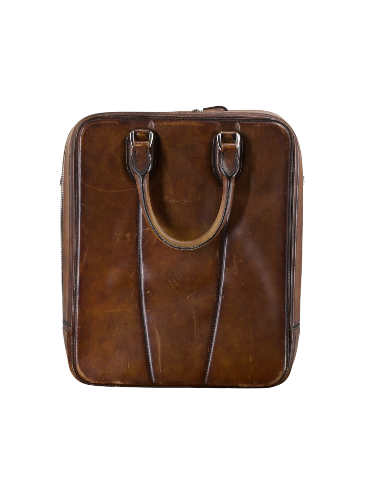 Santoni Cognac Brown Patina-Leather Business Tote-Bag