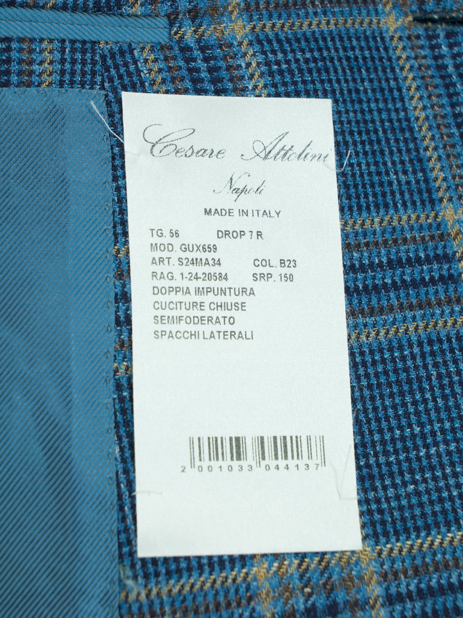 Cesare Attolini Turquoise Double-Breasted Cashmere, Silk & Linen Checkered Jacket