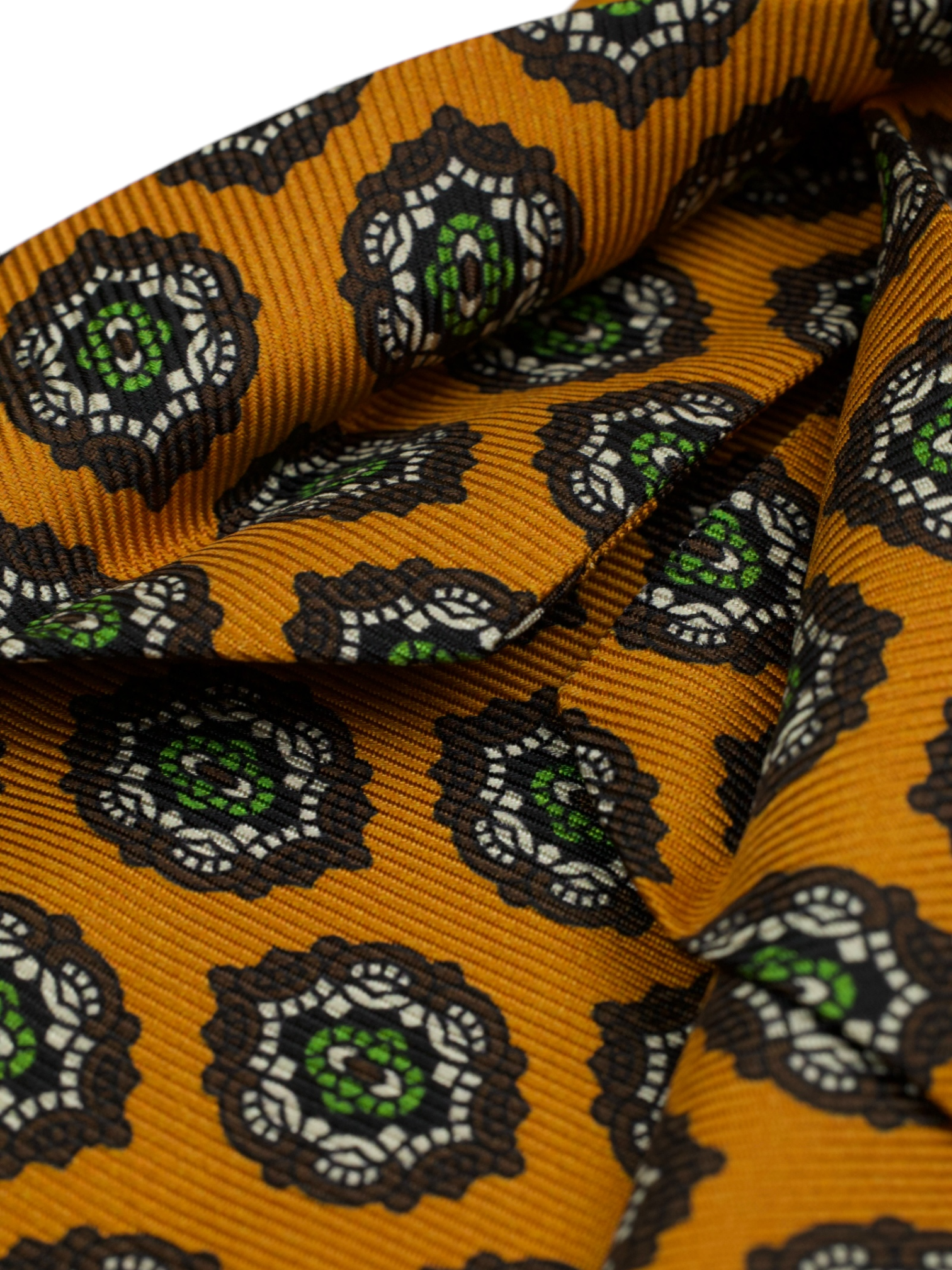 Kiton 5-Fold Orange & Green Silk Medallion Pattern Tie