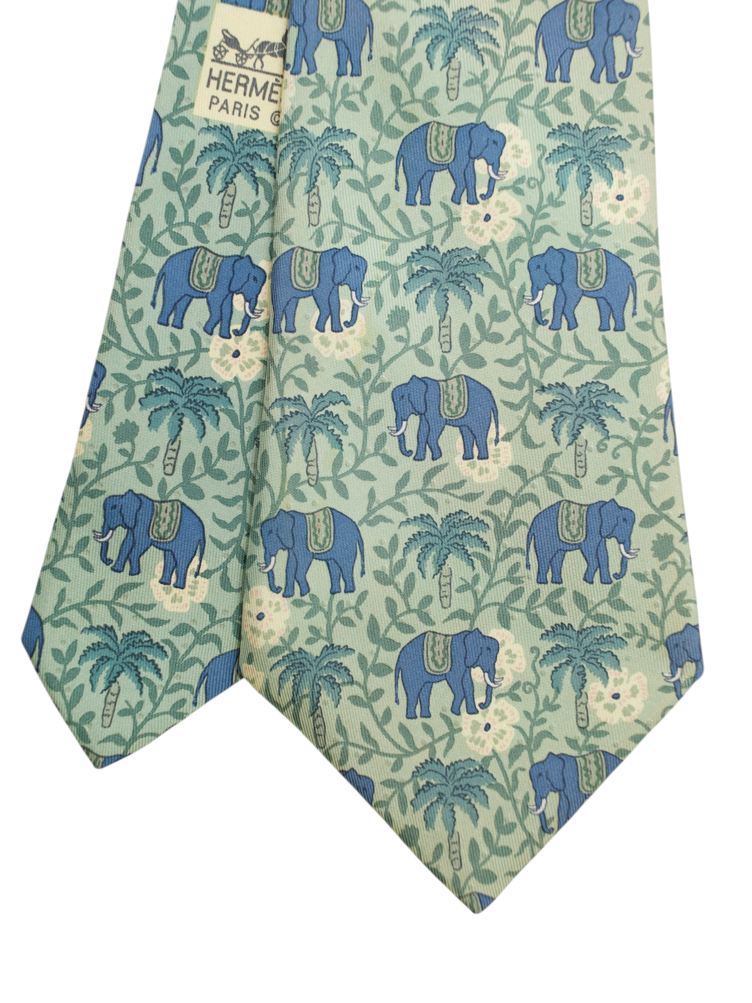 Hermès Sage Green Silk Elephant Pattern Tie