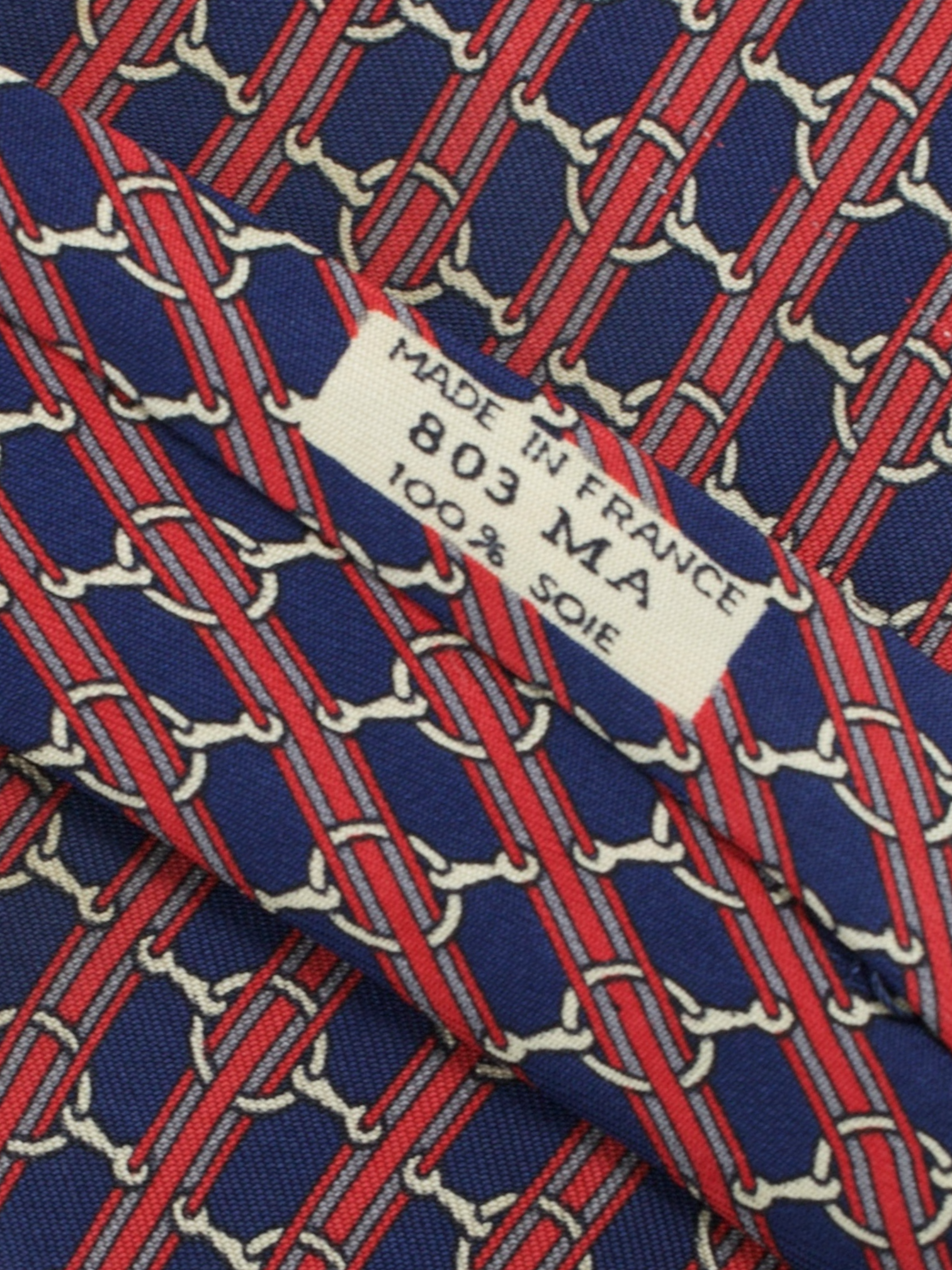 Hermès Navy & Red Silk Striped Horsebit Pattern Tie