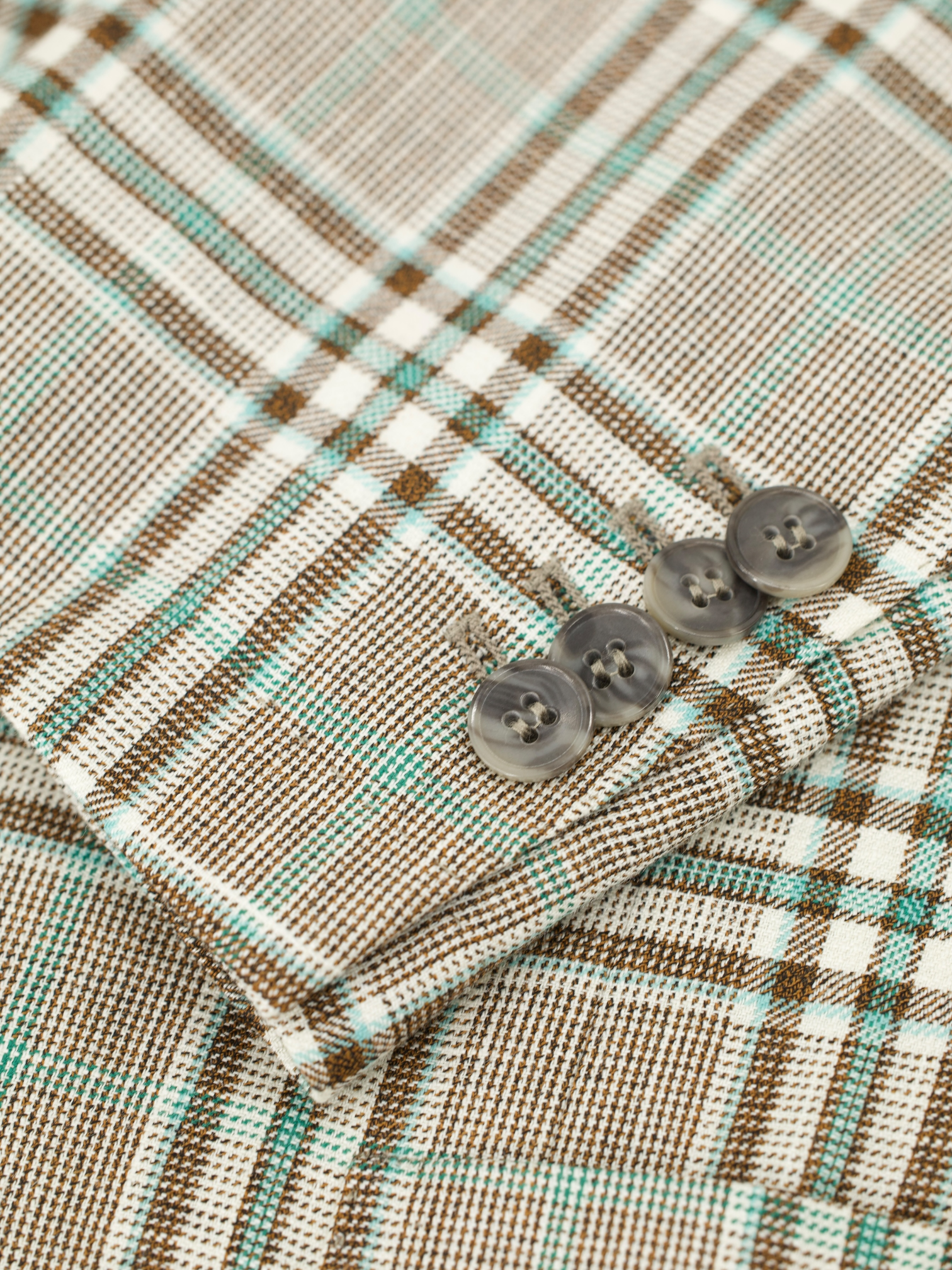 Isaia Taupe & Turquoise Wool, Linen, Silk & Cashmere Tartan Jacket