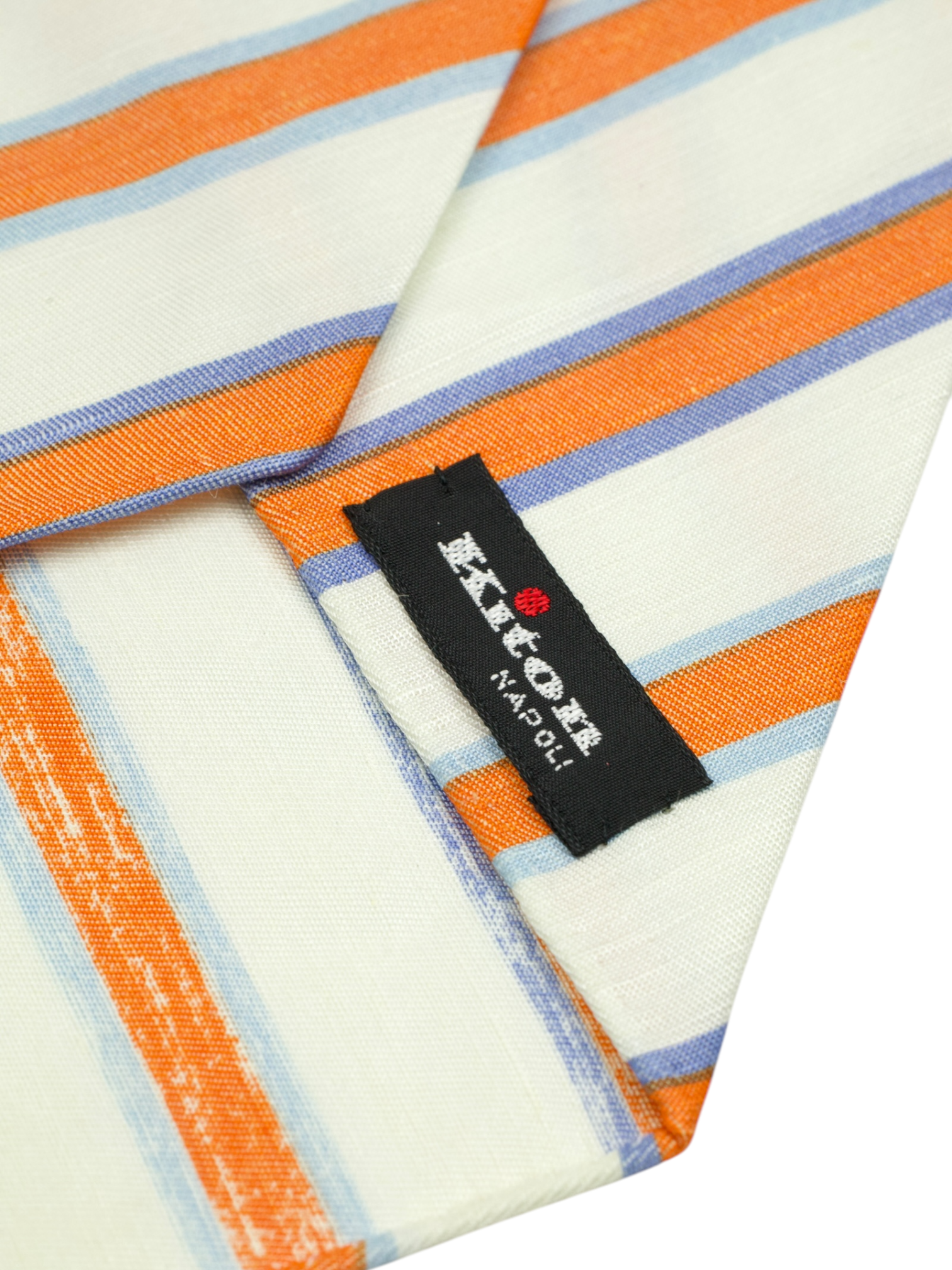 Kiton 5-Fold White & Orange Shantung Silk & Linen Striped Tie