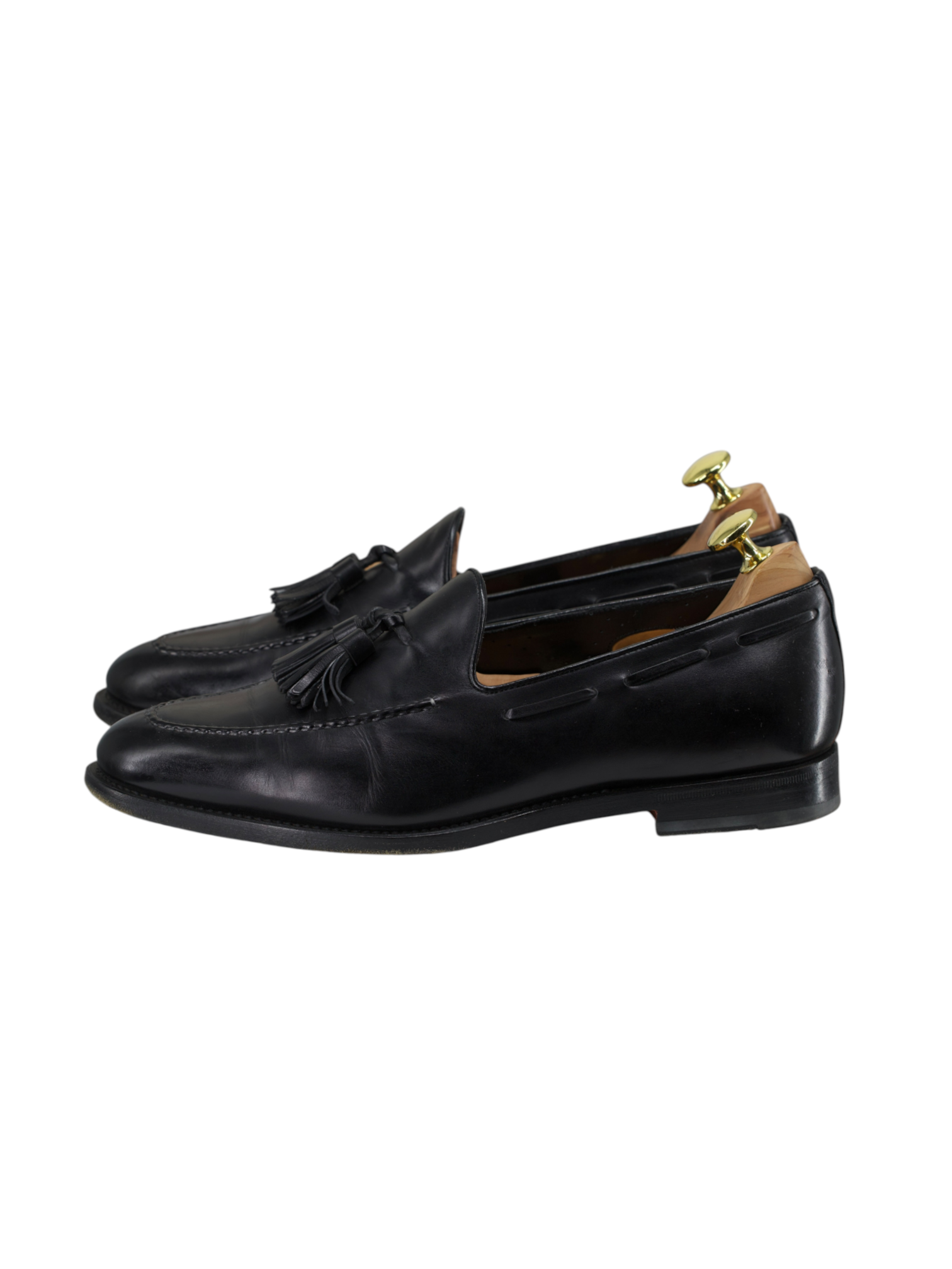 Santoni Black Calfleather Goodyear-Welted Tassel Loafers