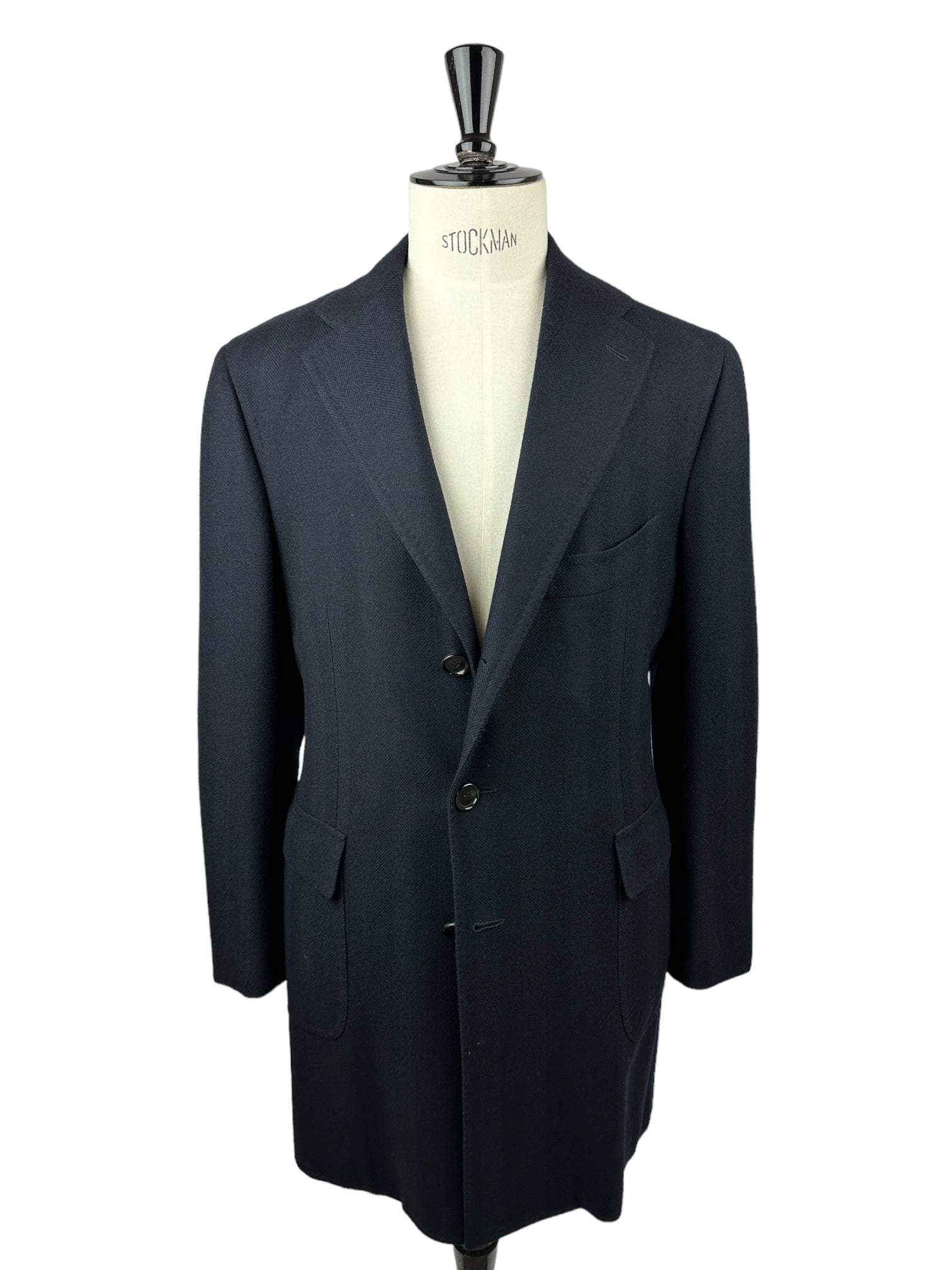 Cesare Attolini Navy Herringbone Wool Overcoat