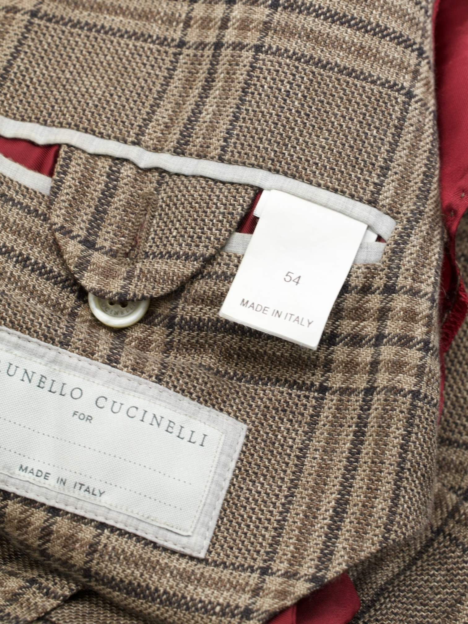 Brunello Cucinelli Light Brown Linen, Wool & Silk Checkered Jacket