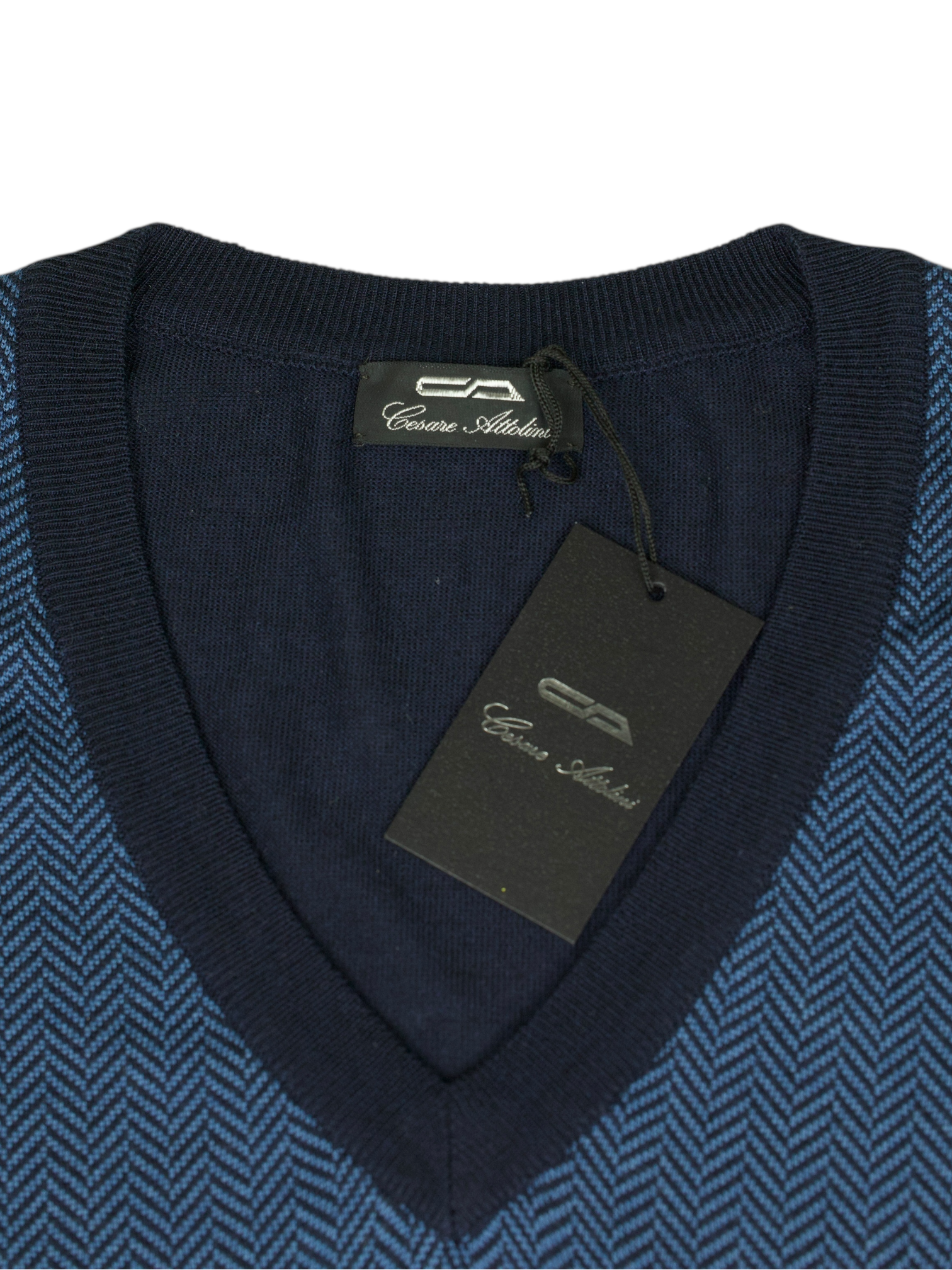 Cesare Attolini Blue Wool & Silk Herringbone V-Neck Sweater