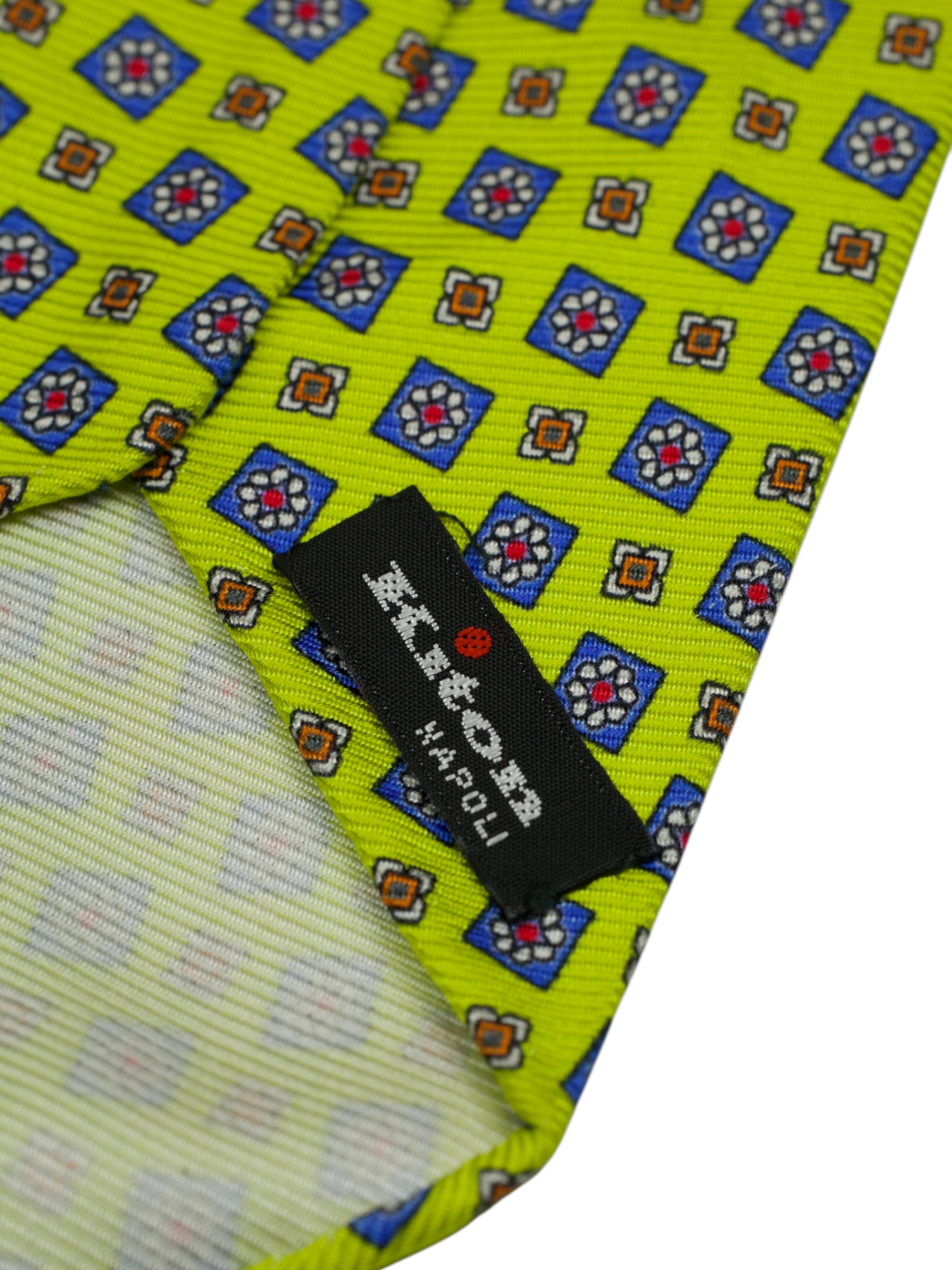 Kiton 5-Fold Lime Green & Blue Handrolled Silk Geometric Pattern Tie