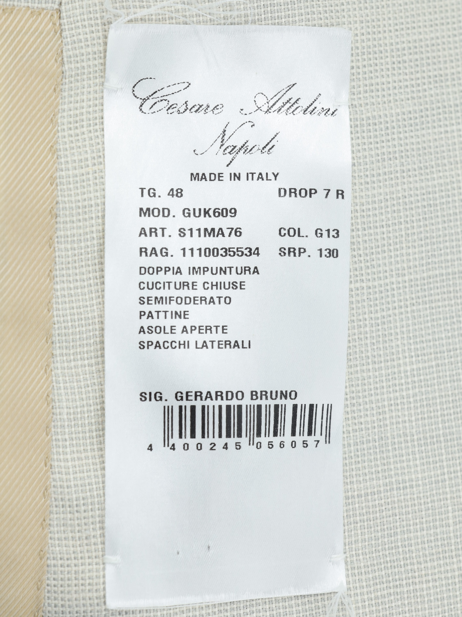 Cesare Attolini Greige Cashmere, Silk & Cotton Double Breasted Micro-Pattern Jacket
