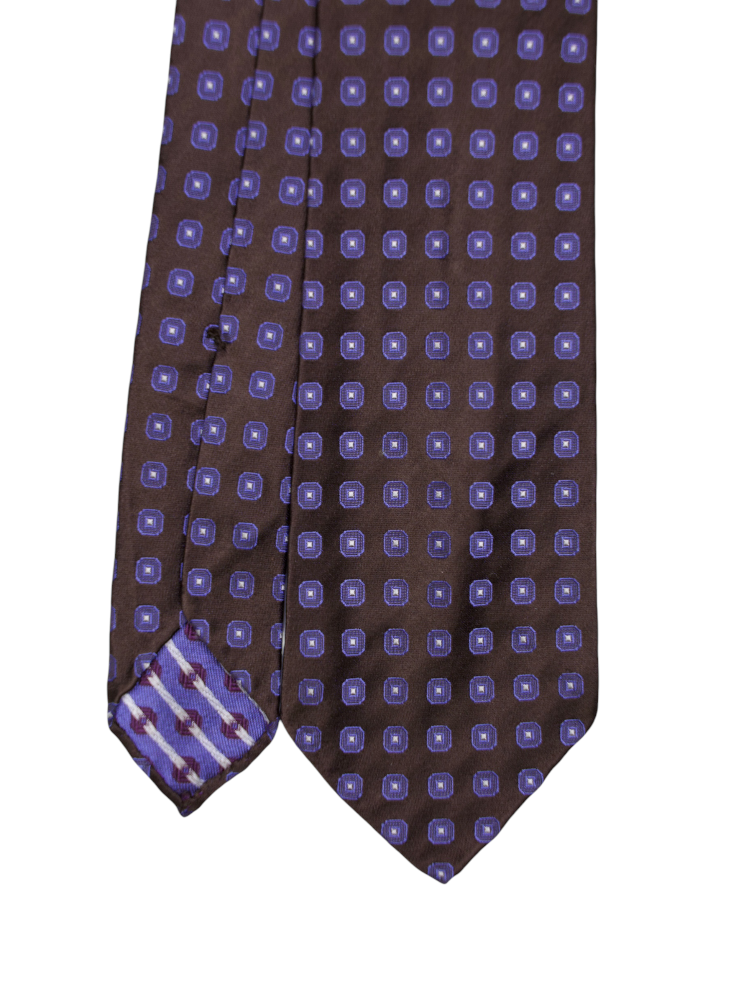 Kiton 5-Fold Chocolate Brown & Steel Blue Handrolled Silk Geometric Pattern Tie