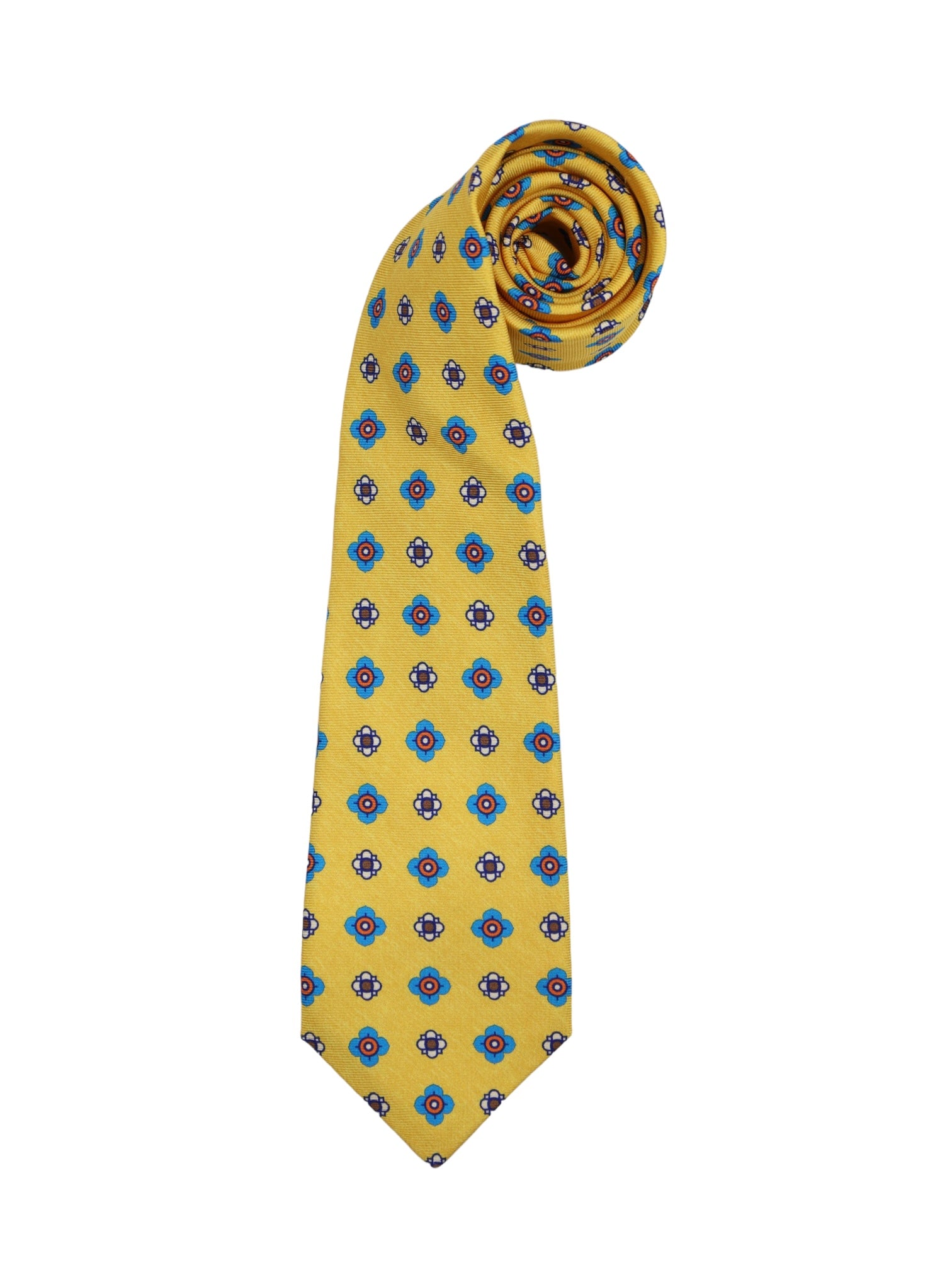 Kiton 5-Fold Yellow & Blue Vintage Geometric Silk Tie