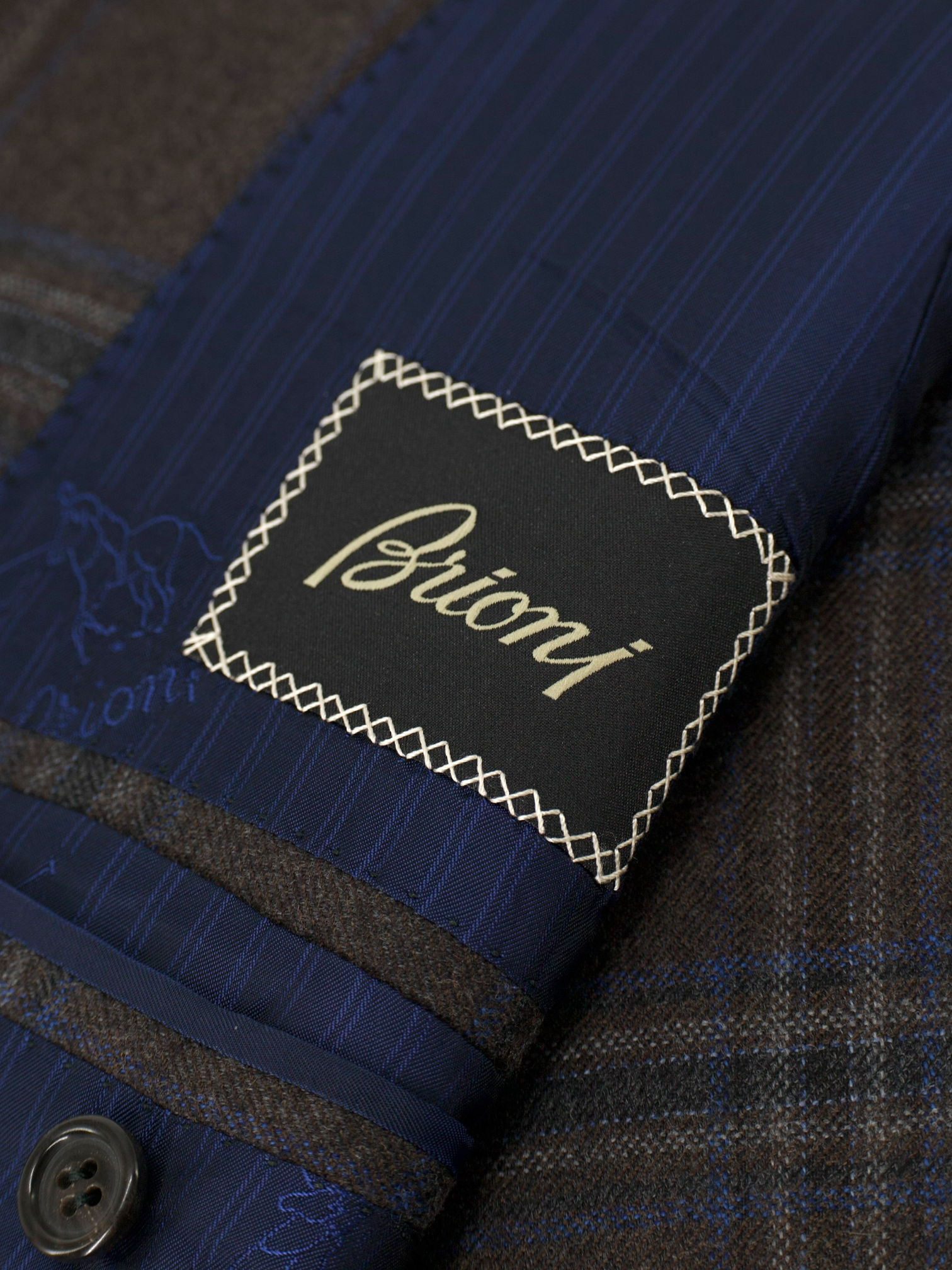 Brioni Brown & Chambray Blue Brushed Wool Windowpane Senato Jacket