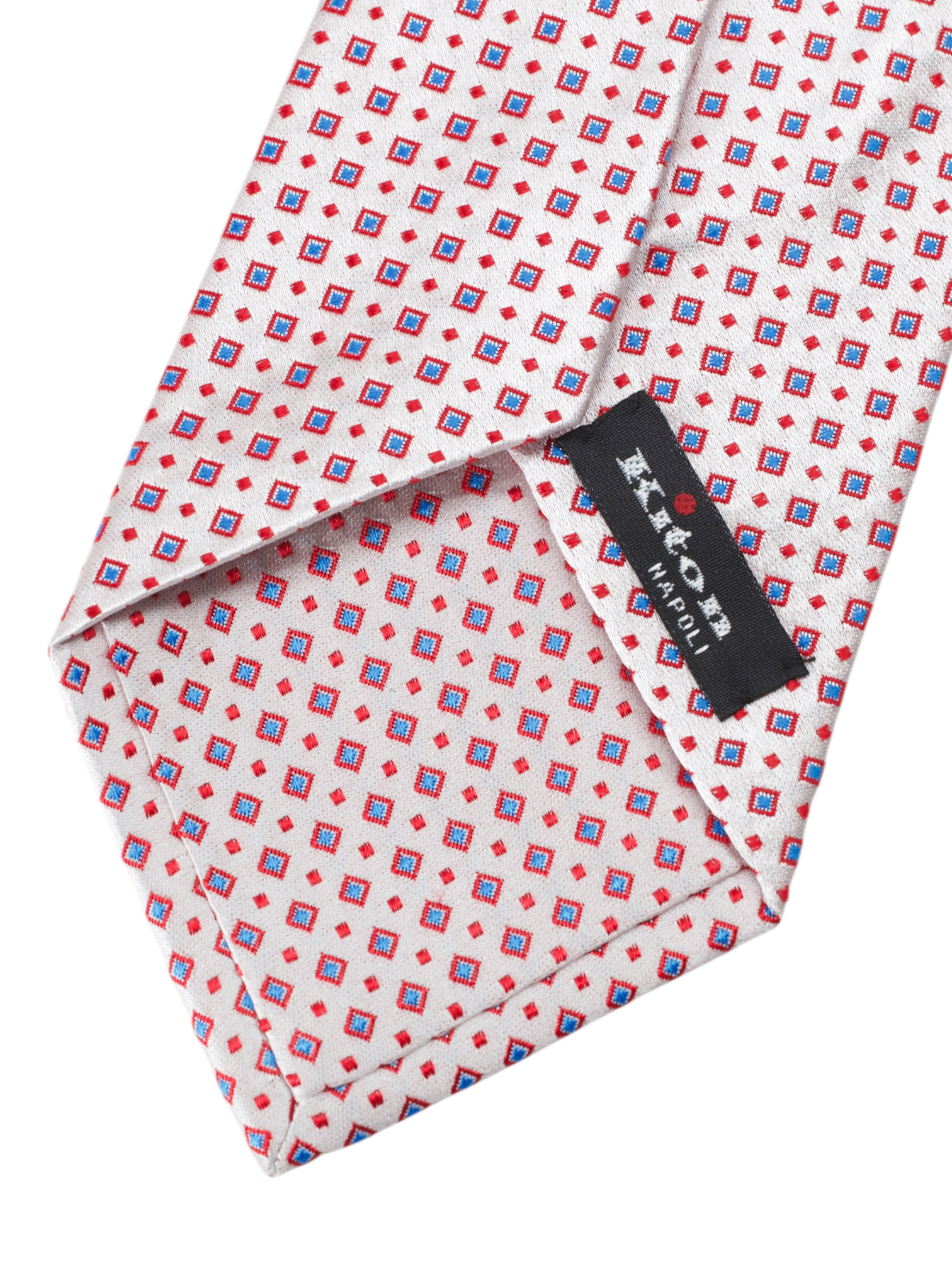 Kiton 5-Fold Light Pink, Red & Blue SIlk Micro-Square Pattern Tie