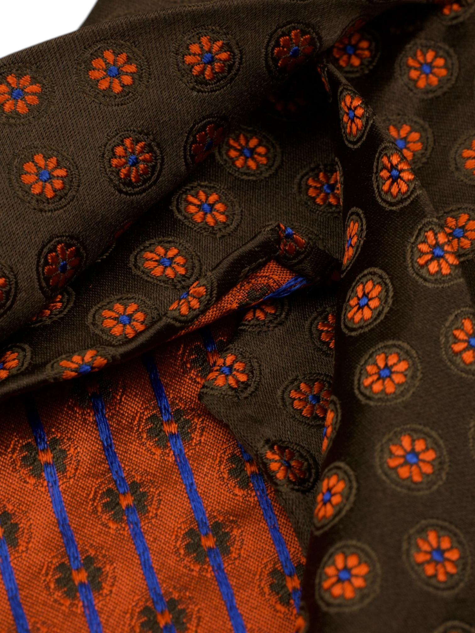 Kiton 5-Fold Dark Brown & Burnt Orange Handrolled Silk Floral Pattern Tie