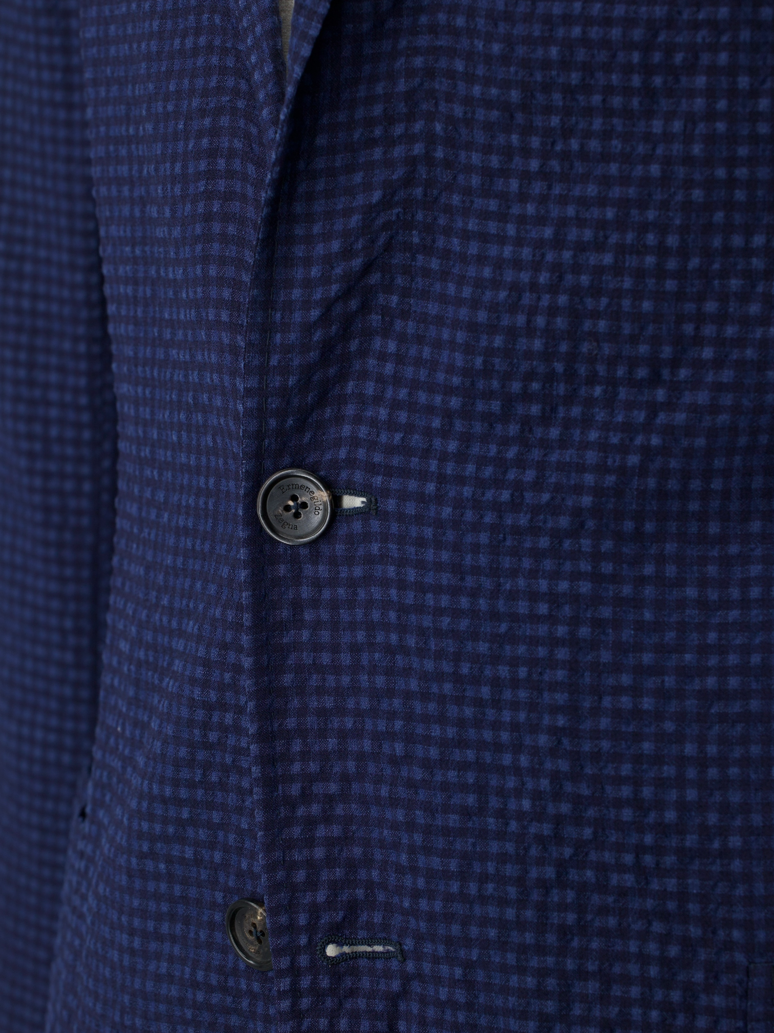 Ermenegildo Zegna Dark Blue Wool, Linen, Silk & Stretch Seersucker Gingham Jacket
