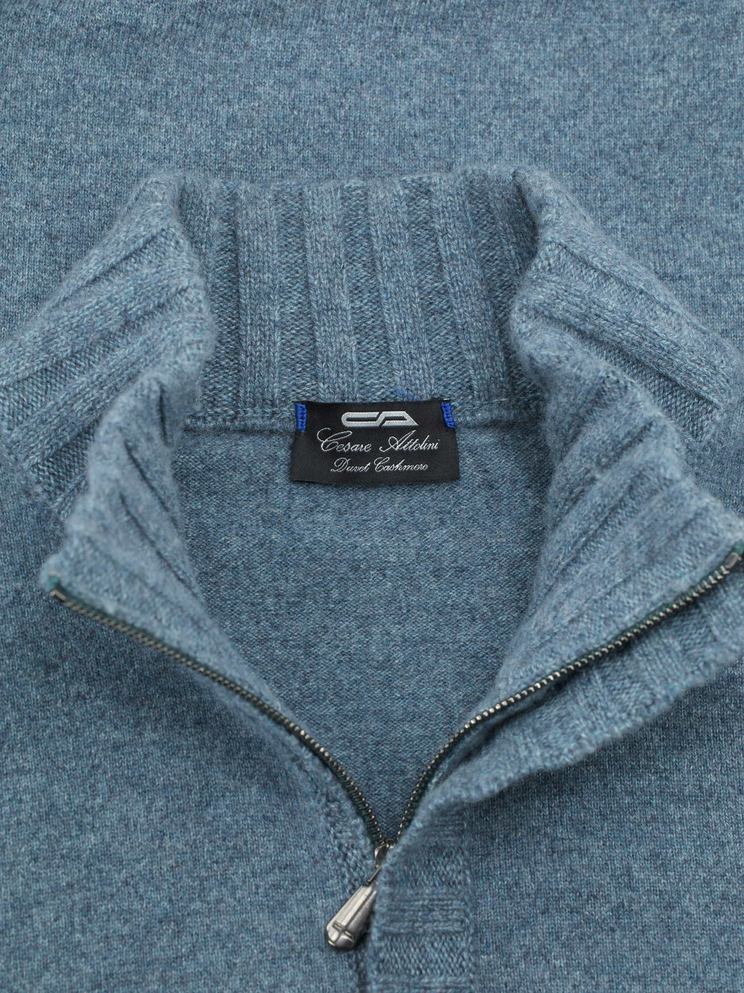Cesare Attolini Steel Blue Duvet Cashmere Half-Zip Knitwear