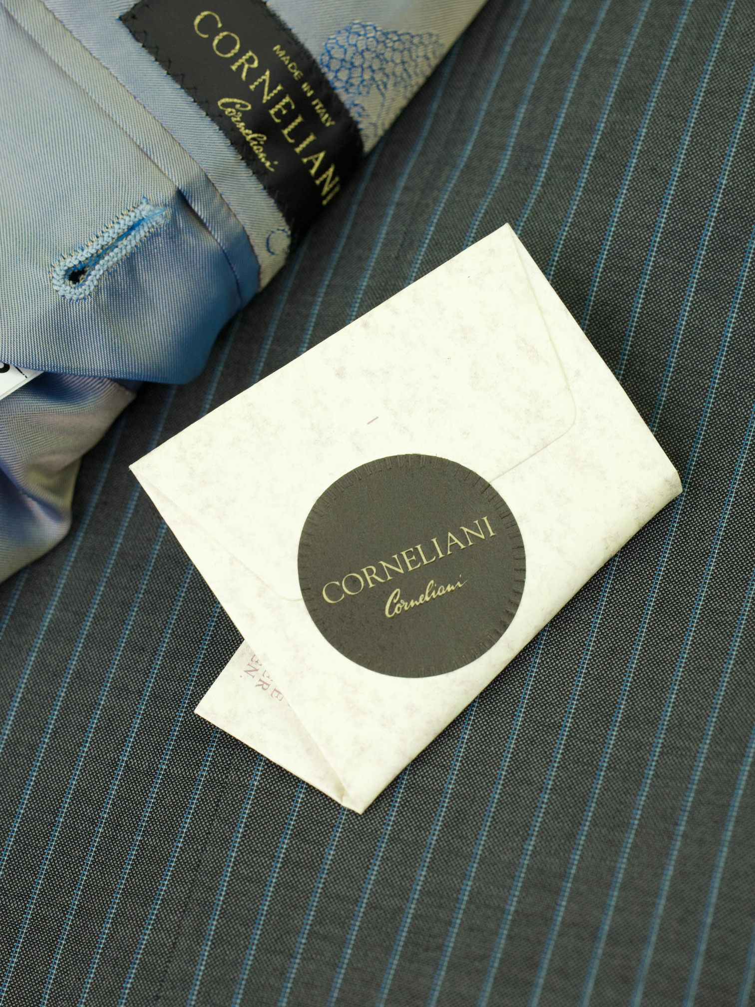 Corneliani Grey & Turquoise Wool & Mohair Pinstripe Suit
