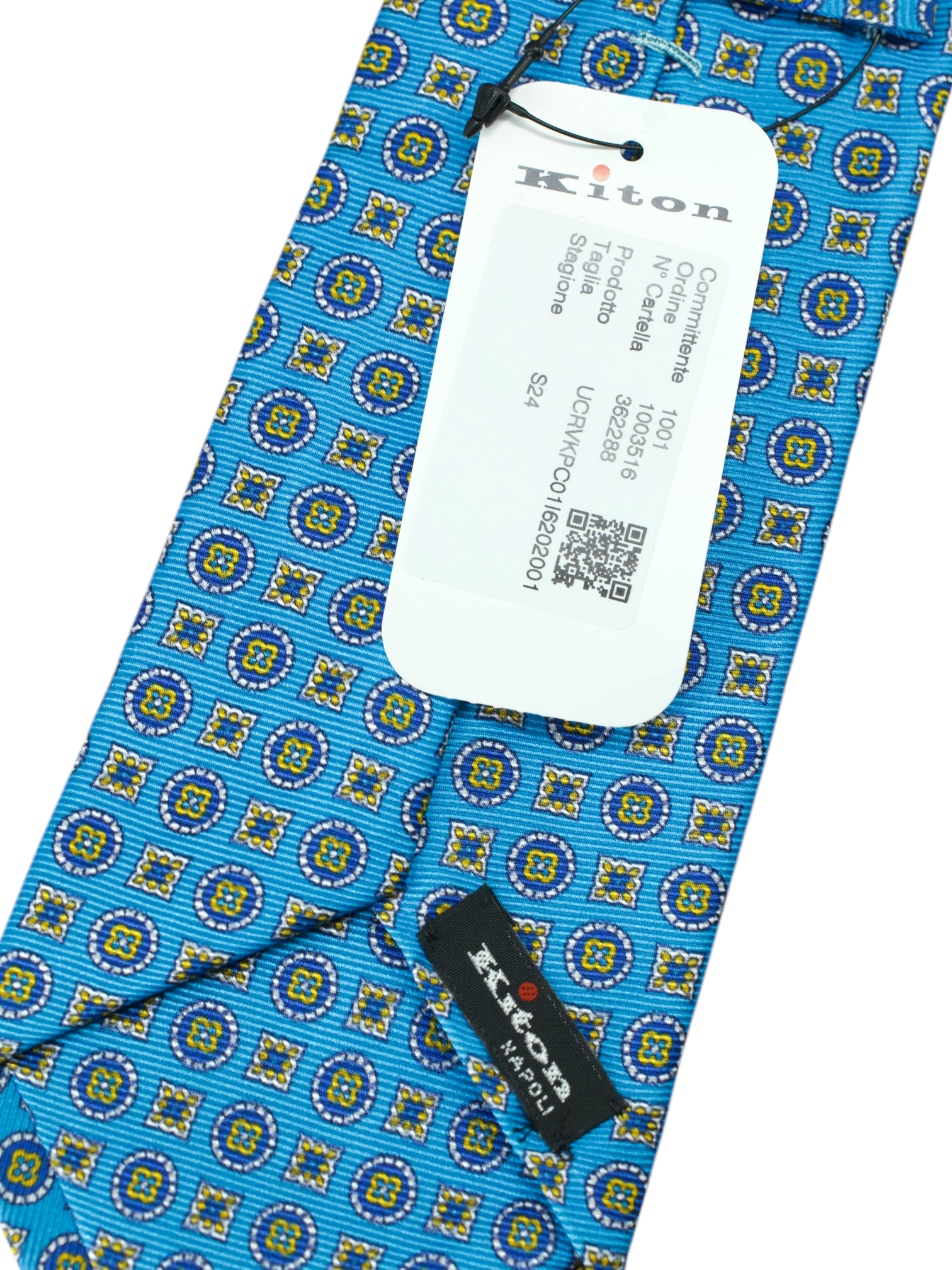 Kiton 5-Fold Light Blue & Navy Silk Geometric Pattern Tie