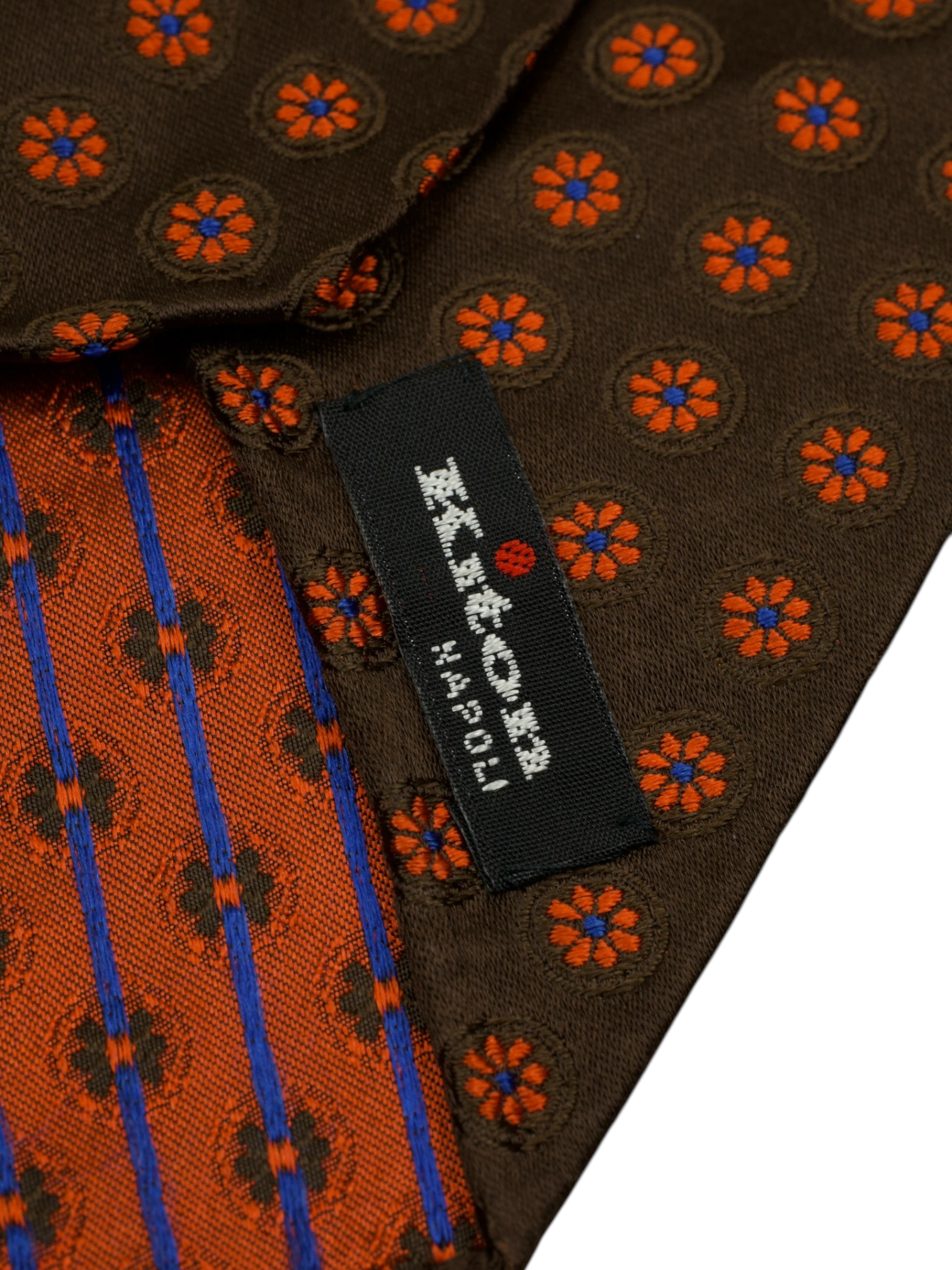 Kiton 5-Fold Dark Brown & Burnt Orange Handrolled Silk Floral Pattern Tie