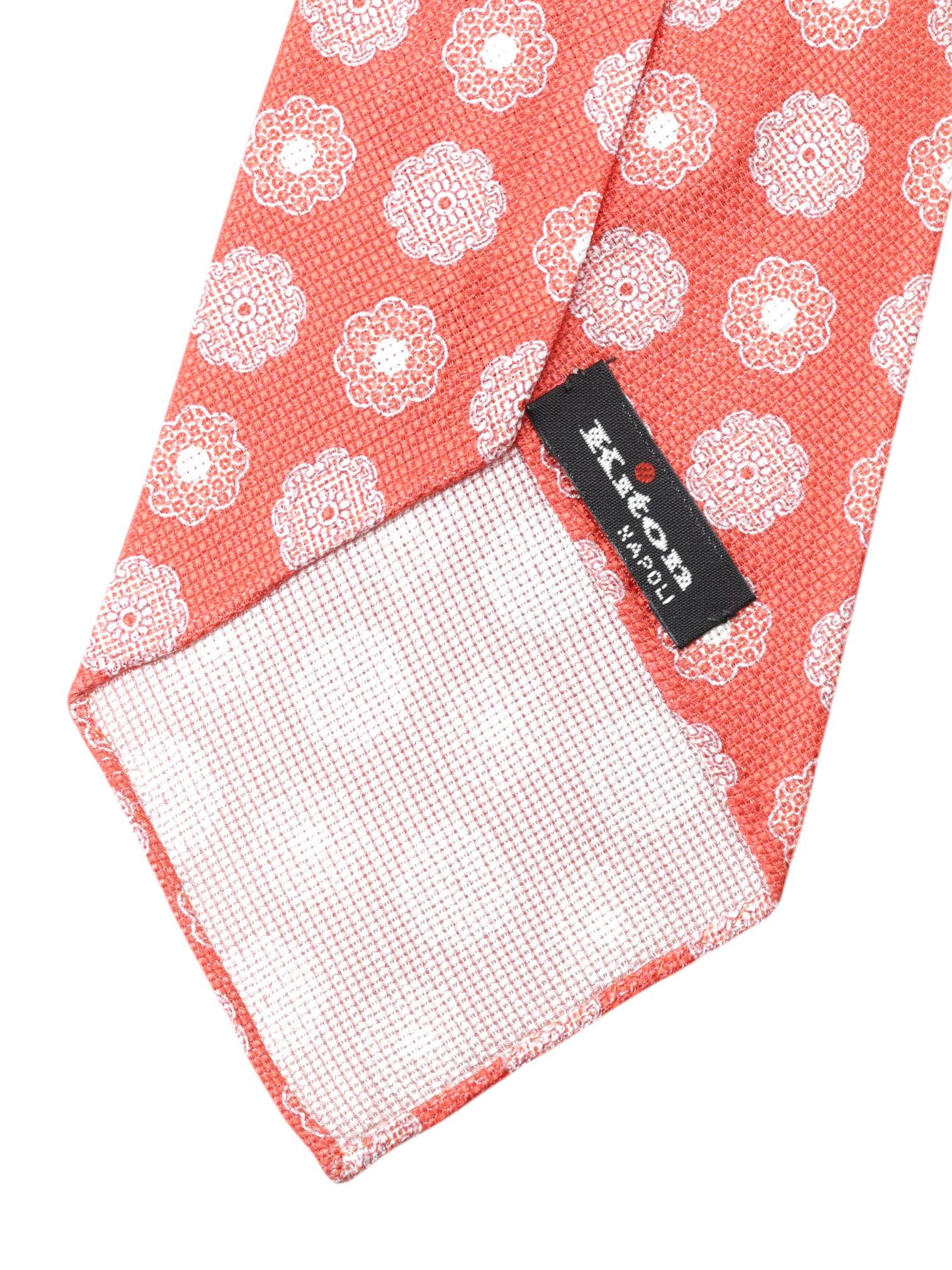 Kiton 5-Fold Coral Red Silk Floral-Pattern Untipped & Handrolled Tie
