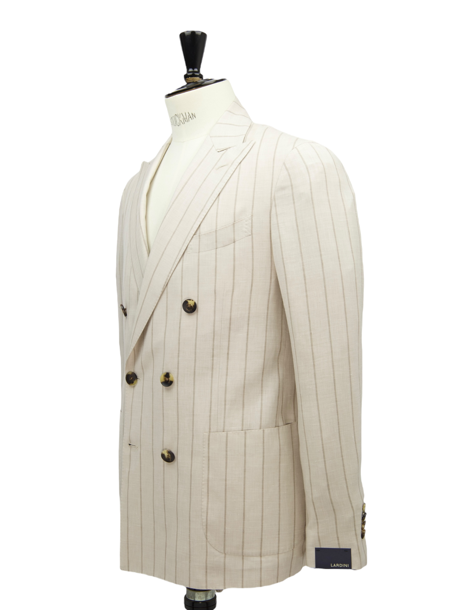 Lardini Taupe Double Breasted Wool, Linen & Silk Chalkstripe Jacket