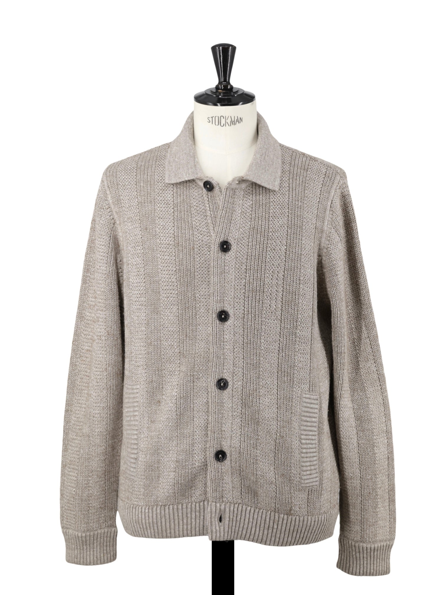Maurizio Baldassari Taupe Acrylic, Linen, Wool & Cashmere Stripe-Pattern Cardigan