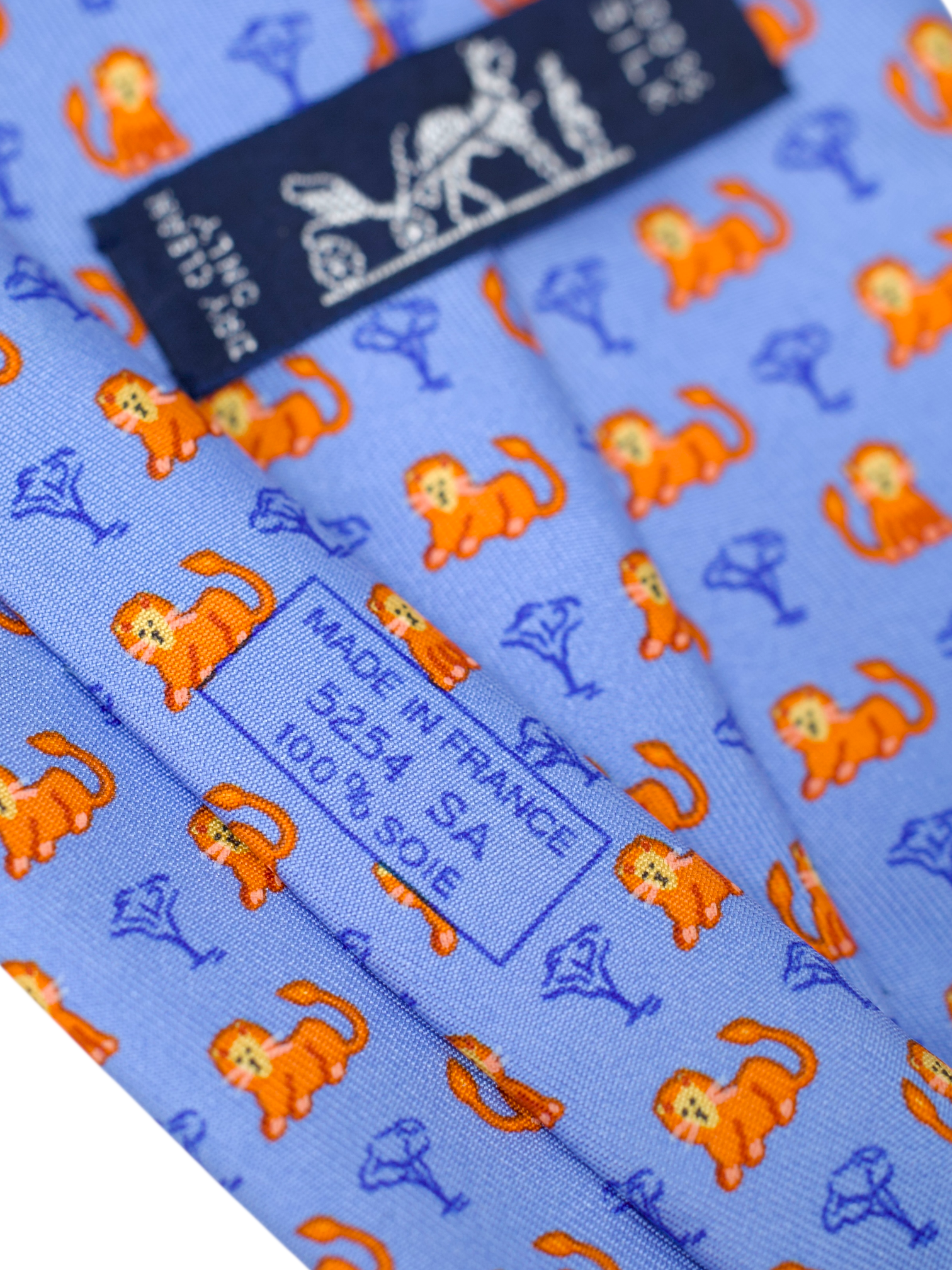 Hermès x ING Private-Banking Light Blue & Orange Lion-Pattern Tie