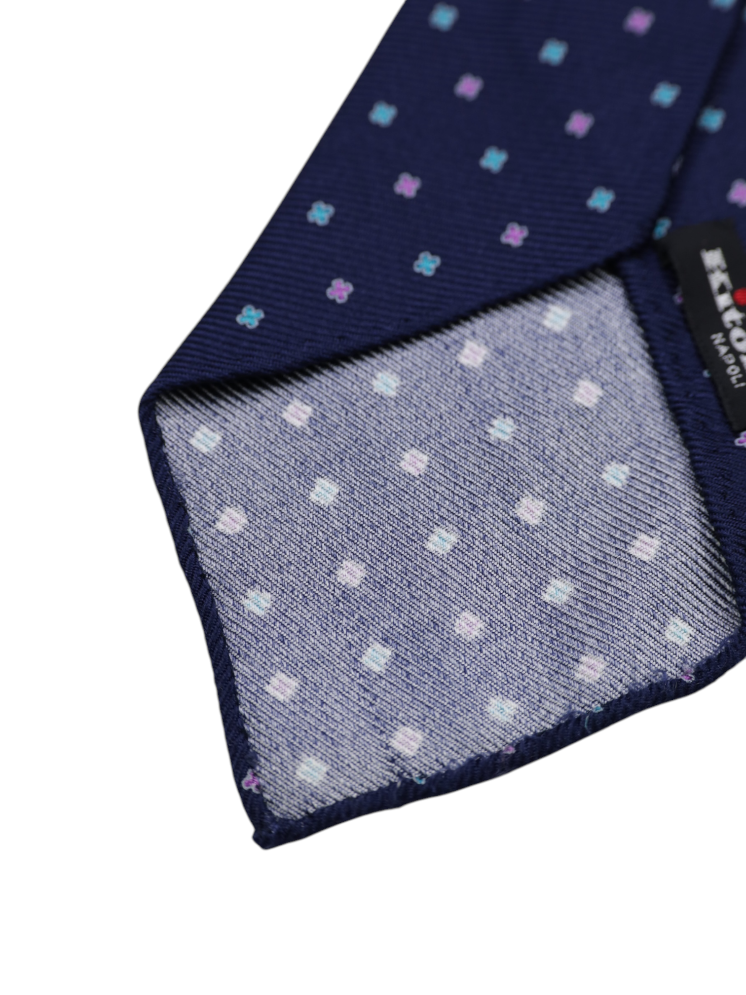 Kiton 5-Fold Navy Handrolled Silk Multicolor Geometric Pattern Tie