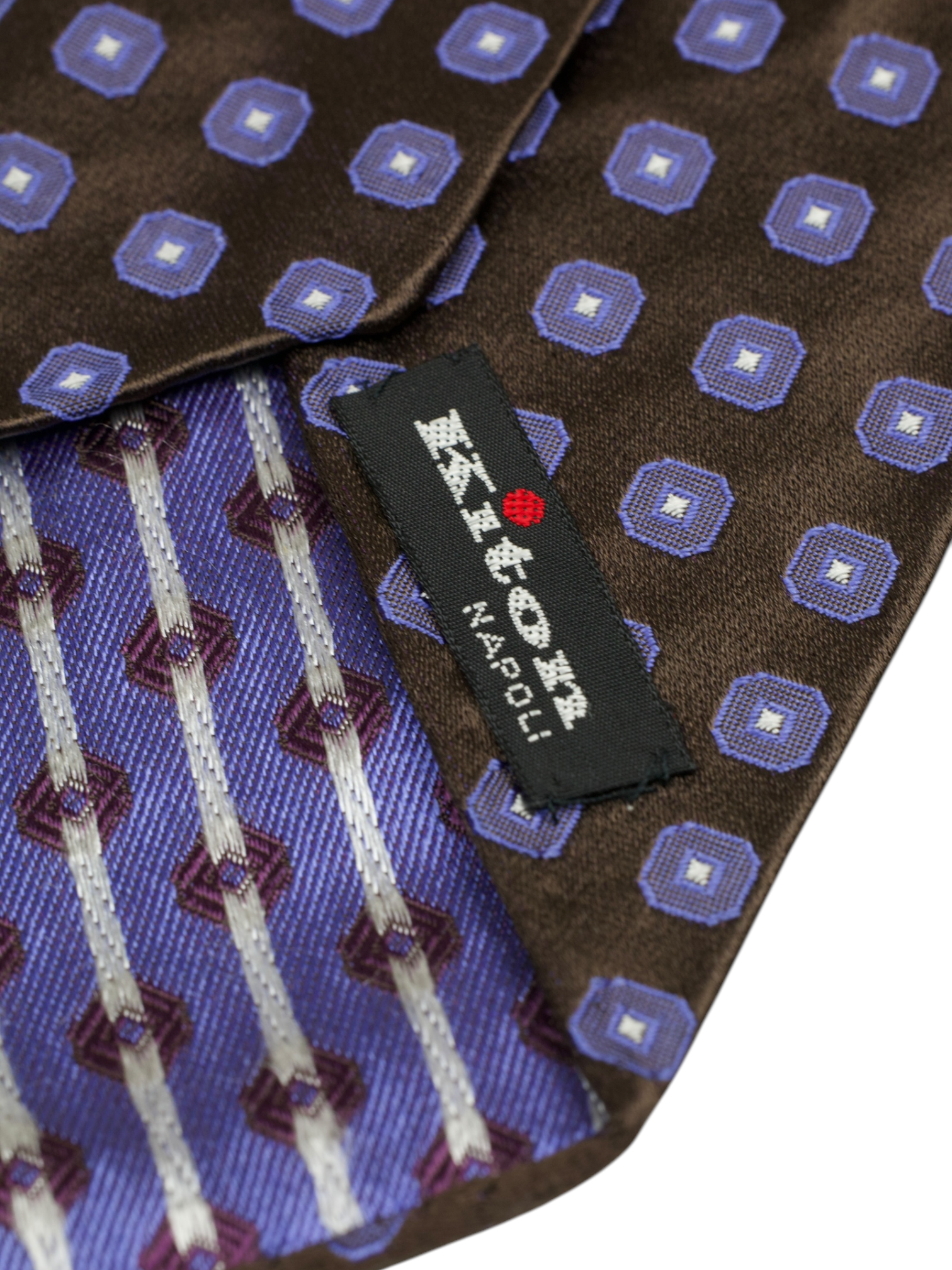 Kiton 5-Fold Chocolate Brown & Steel Blue Handrolled Silk Geometric Pattern Tie