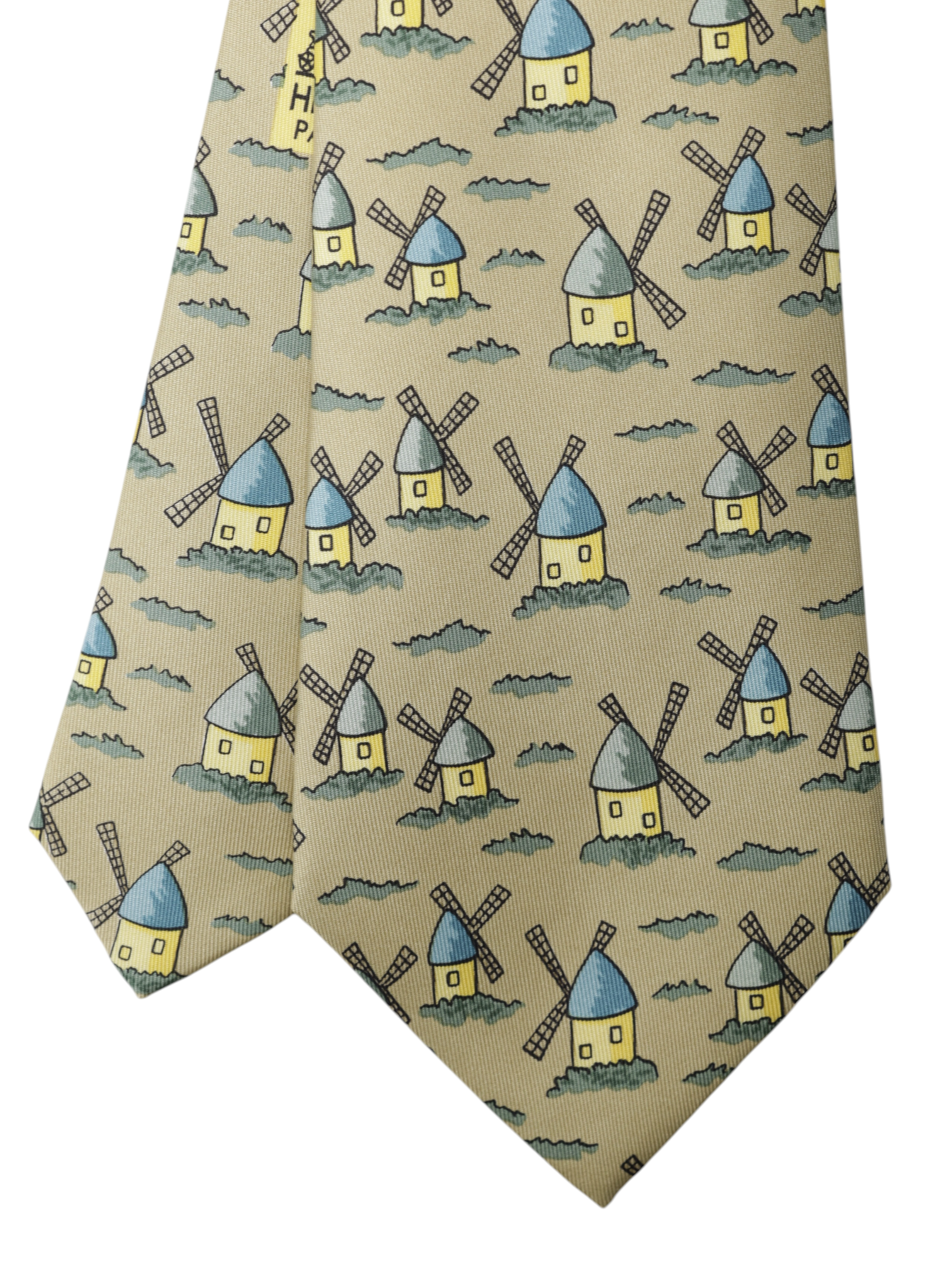 Hermès Light Brown & Yellow Dutch-Windmills Pattern Tie