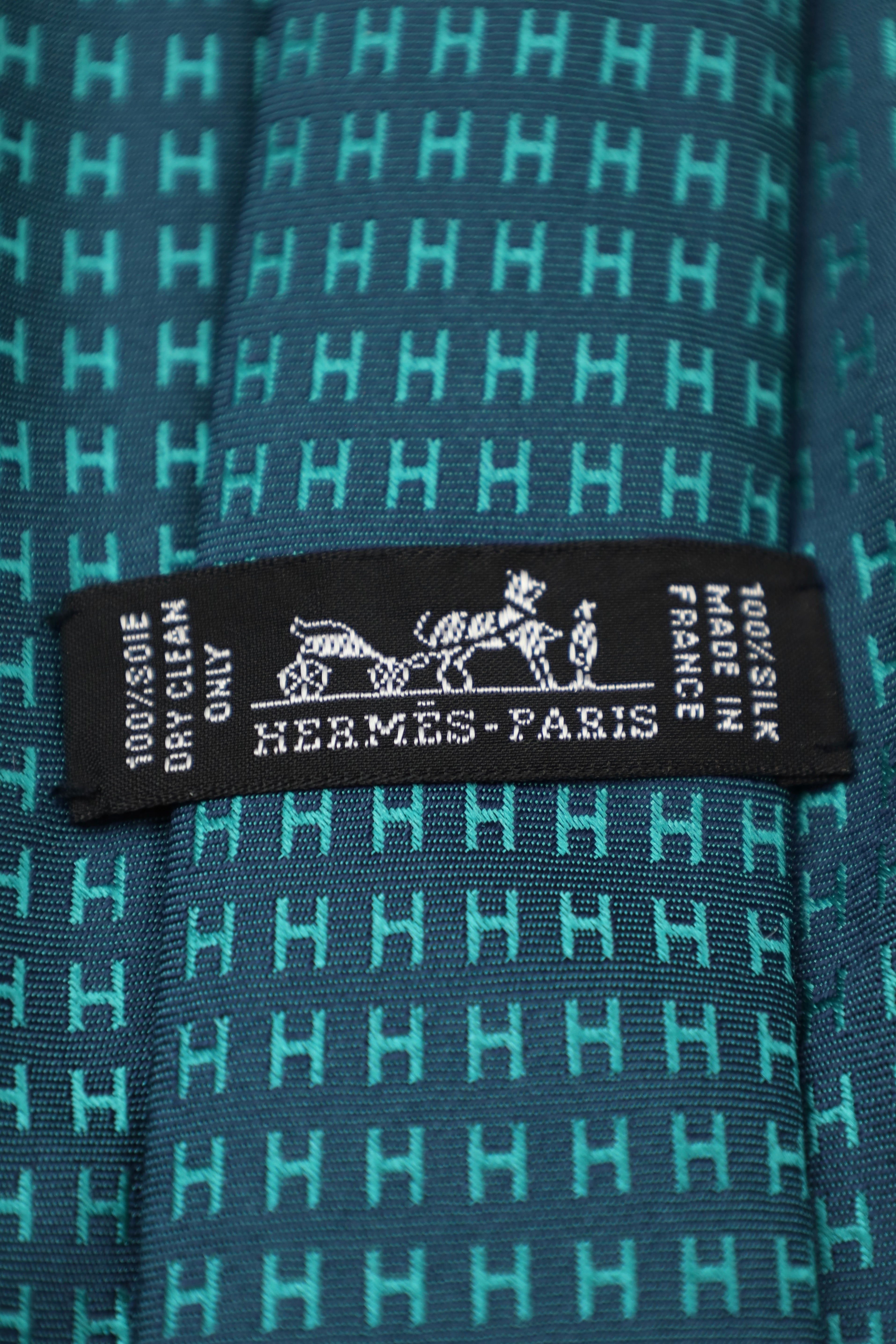Hermès Petrol Geometric Jacquard H-Pattern Silk Tie