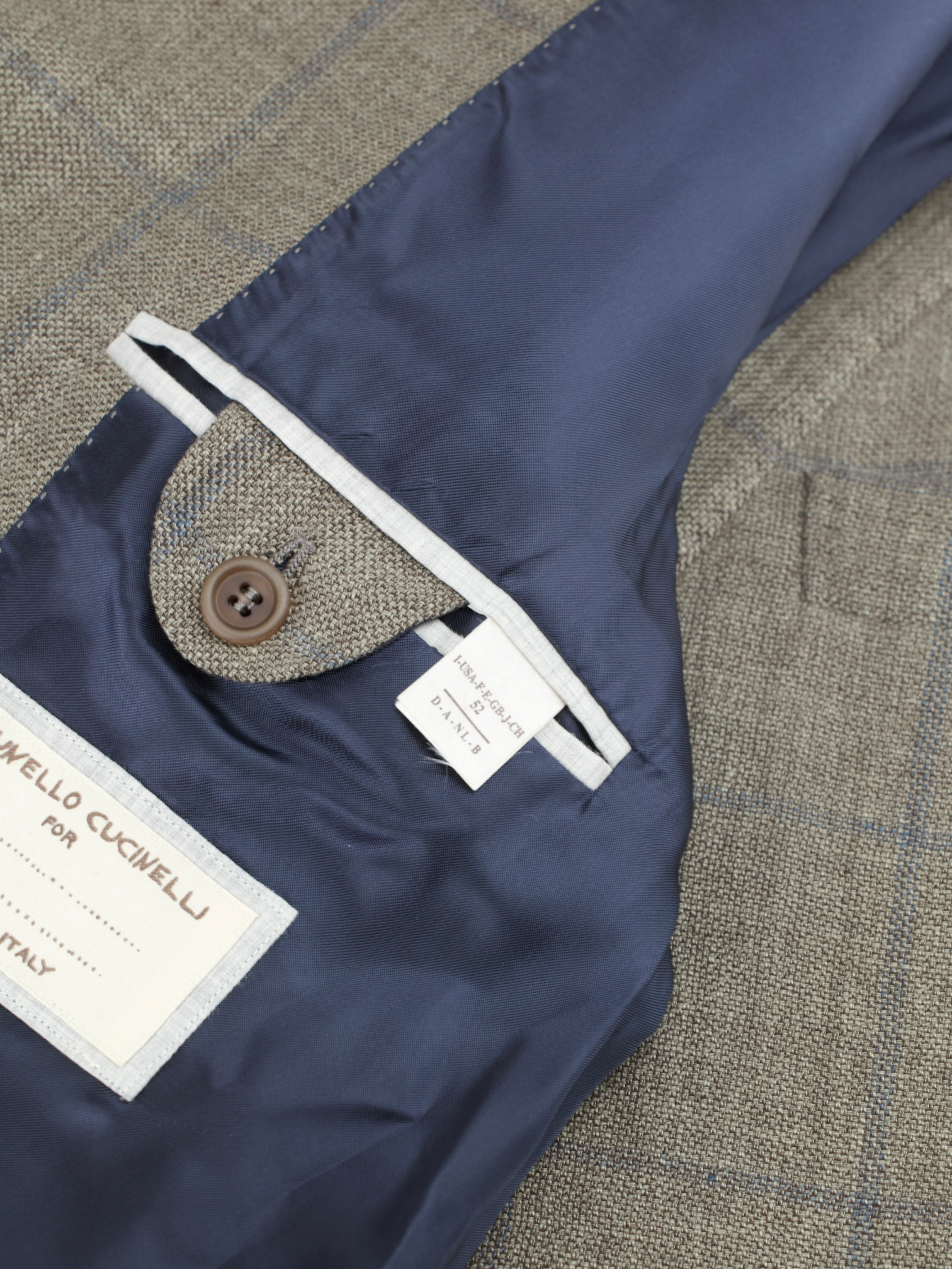 Brunello Cucinelli Light Brown & Chambray Blue Linen, Wool & Silk Windowpane Jacket
