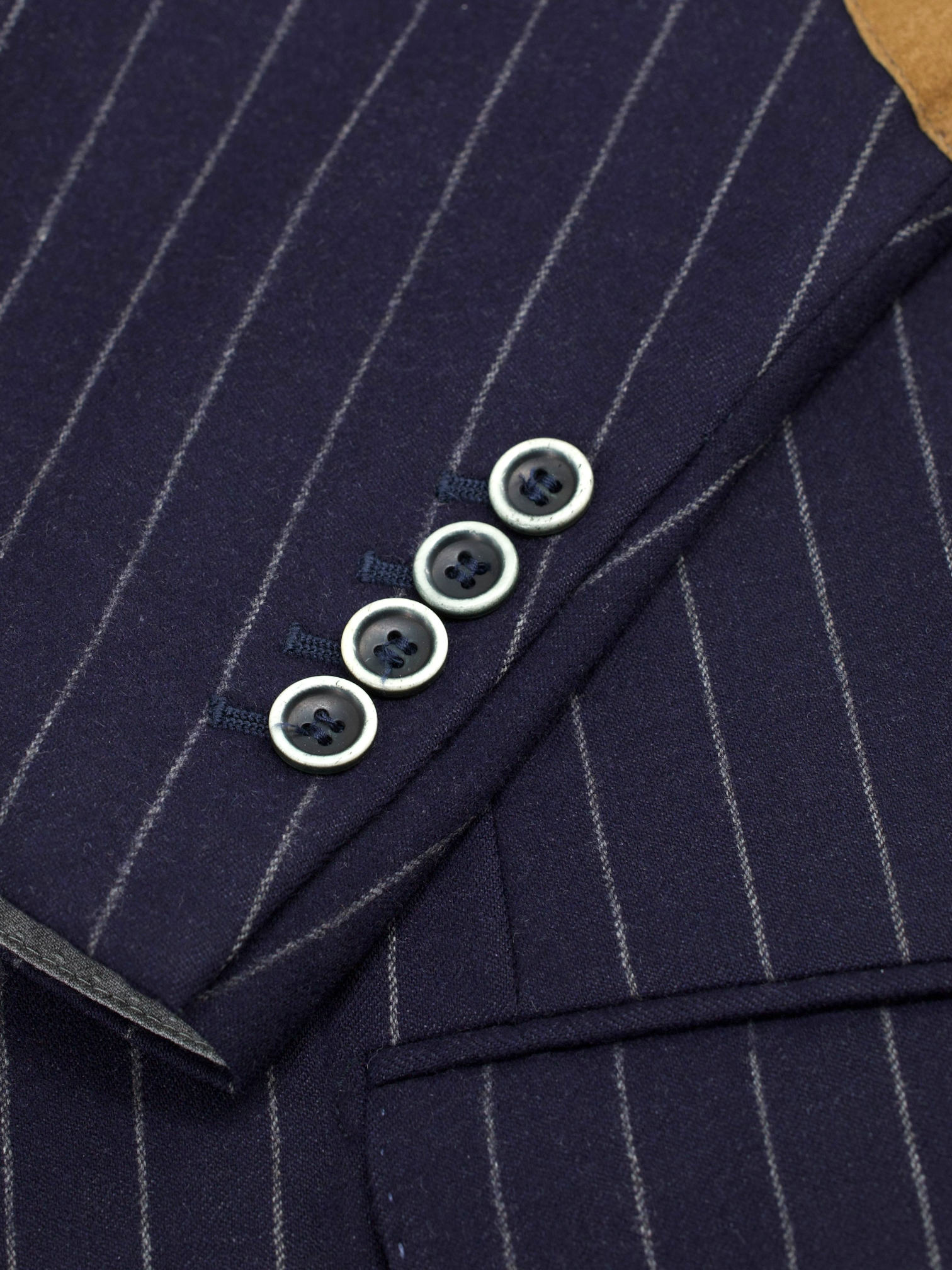 Brunello Cucinelli Navy Wool & Cashmere Elbow-Patch Pinstripe Jacket