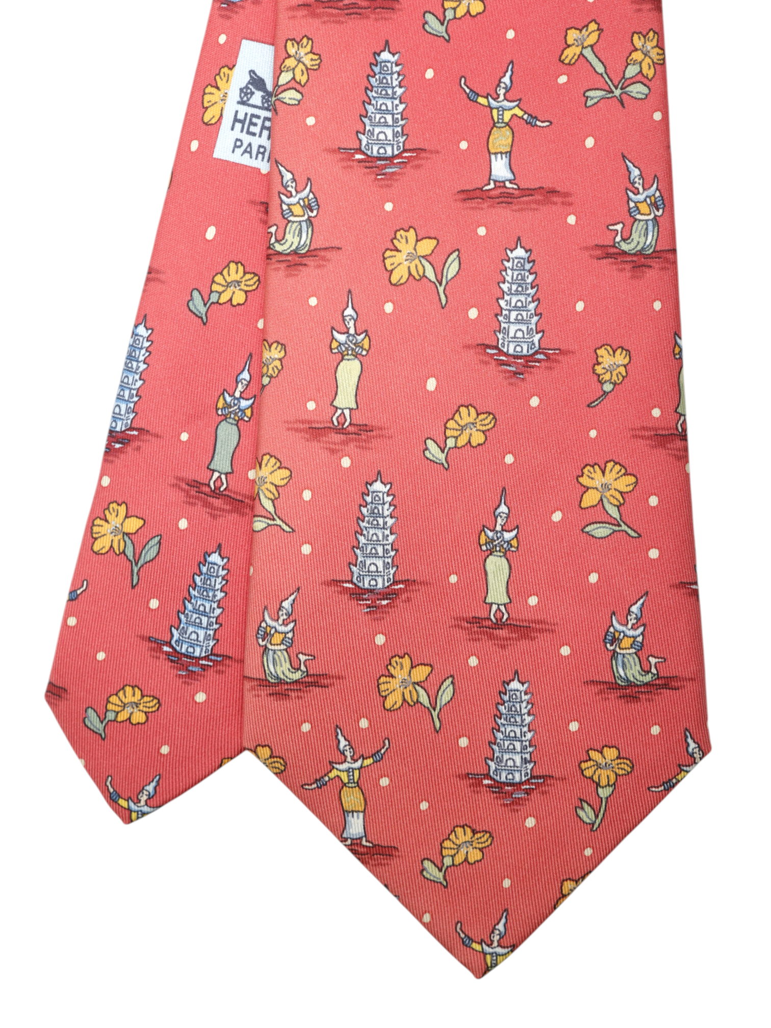 Hermès Coral Red Silk Oriental Pagoda-Pattern Tie