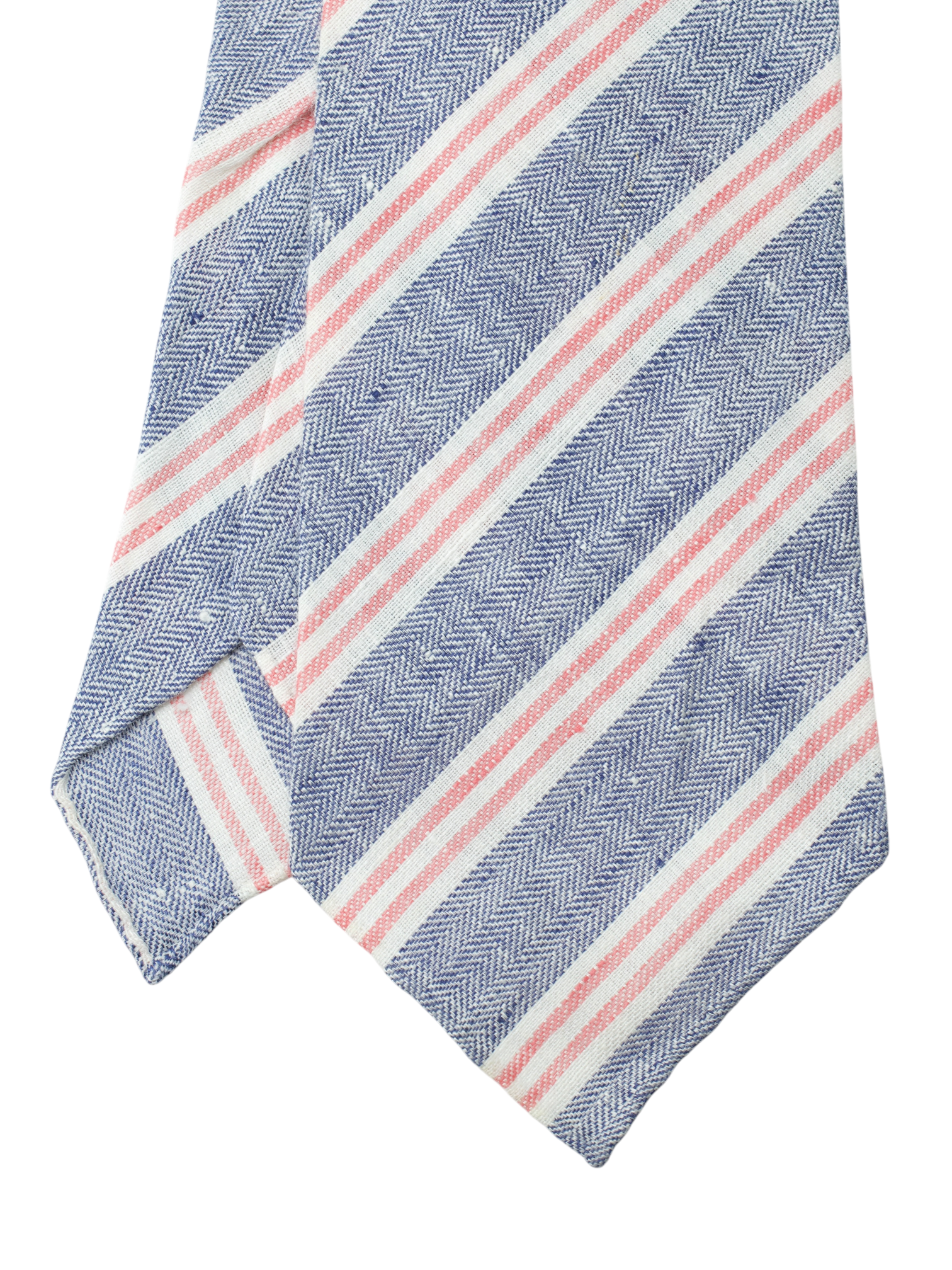 Kiton 5-Fold Blue & Coral Red Linen Striped Untipped & Handrolled Tie