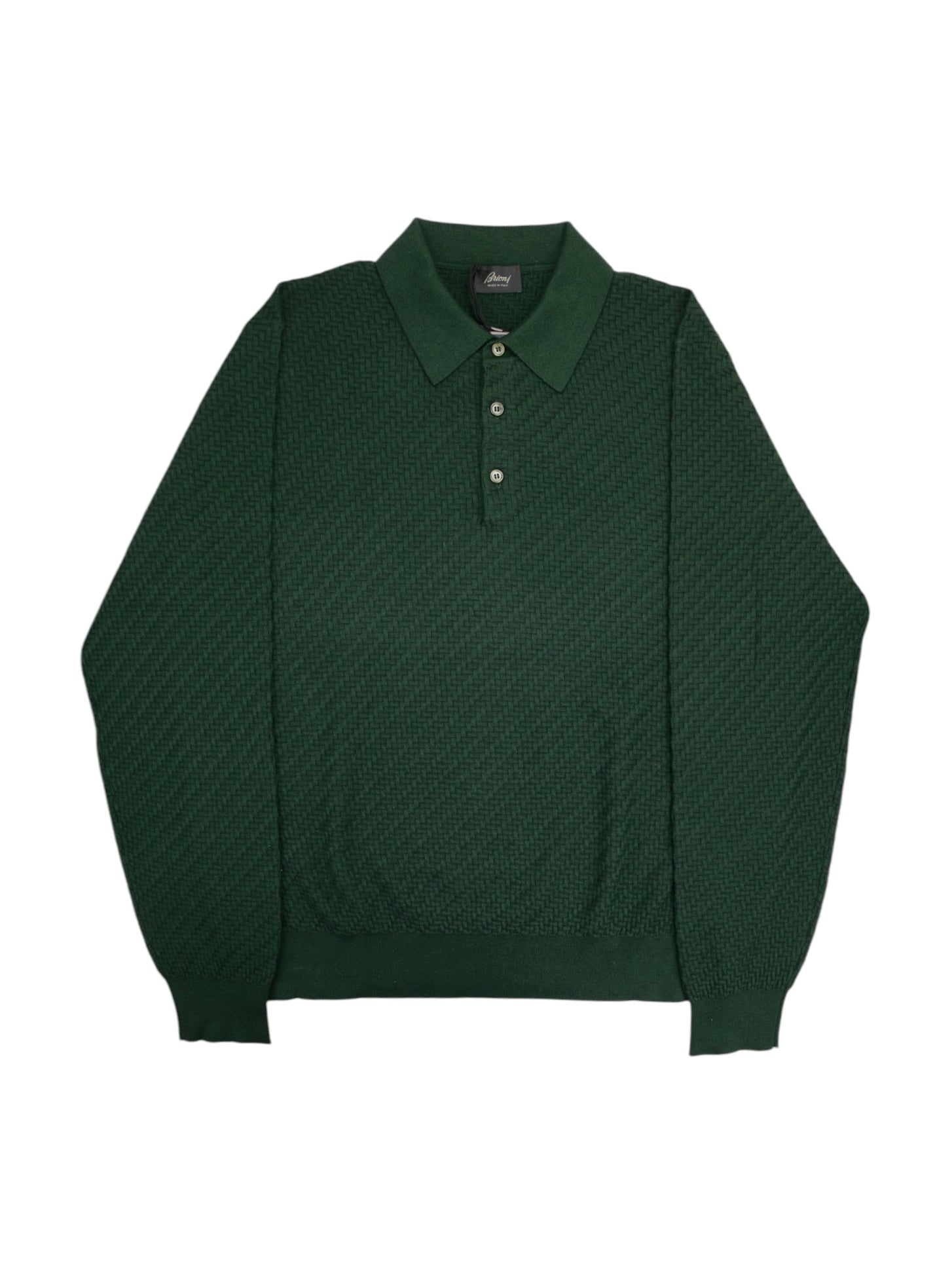 Brioni Forest Green Cotton, Silk & Cashmere Trama Weave Long Sleeve Polo