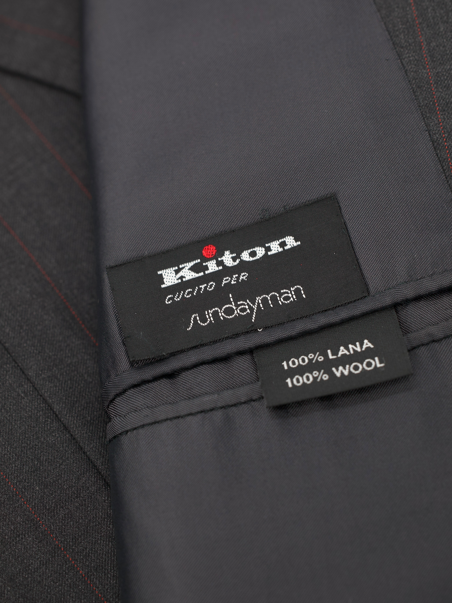 Kiton Charcoal & Red 14-Micron "Blanc Blue" Super 180's Pinstripe Suit