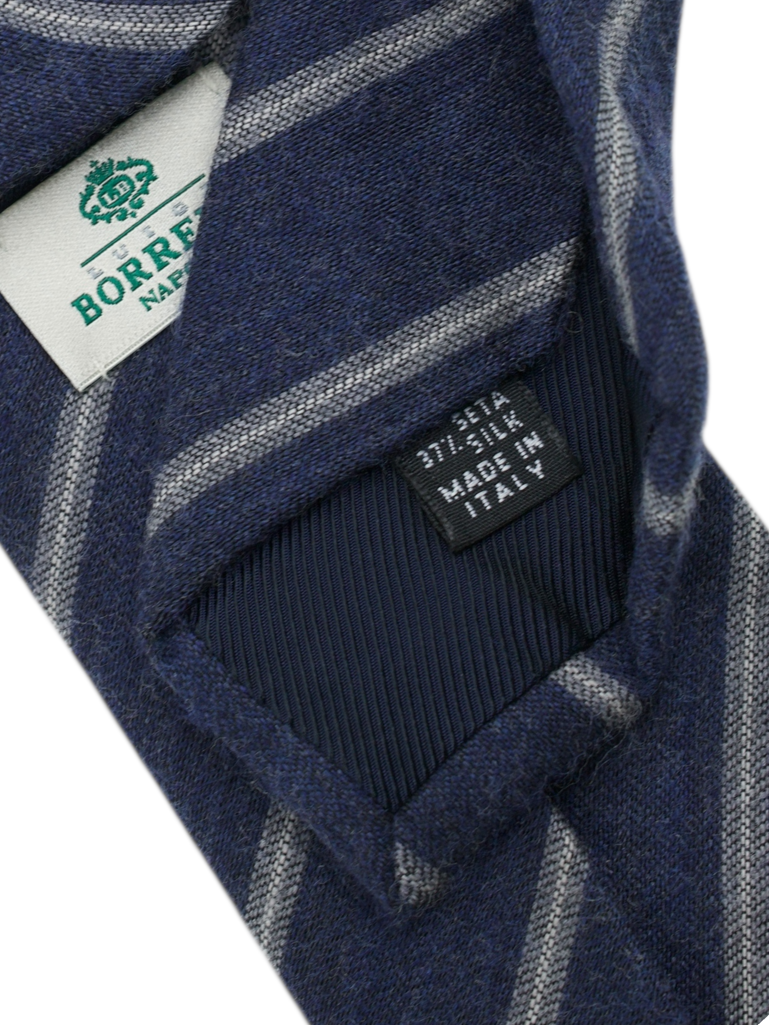 Luigi Borrelli 5-Fold Steel Blue & Taupe Wool & Silk Striped Tie