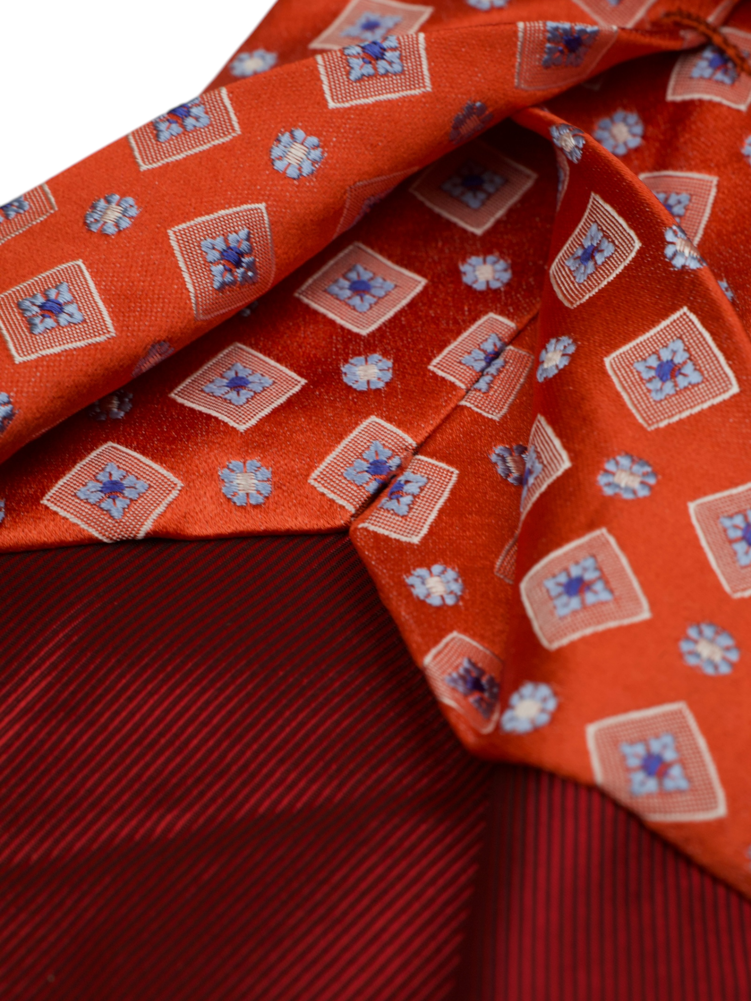 Kiton 5-Fold Coral Red & Light Blue Silk Geometric Pattern Tie