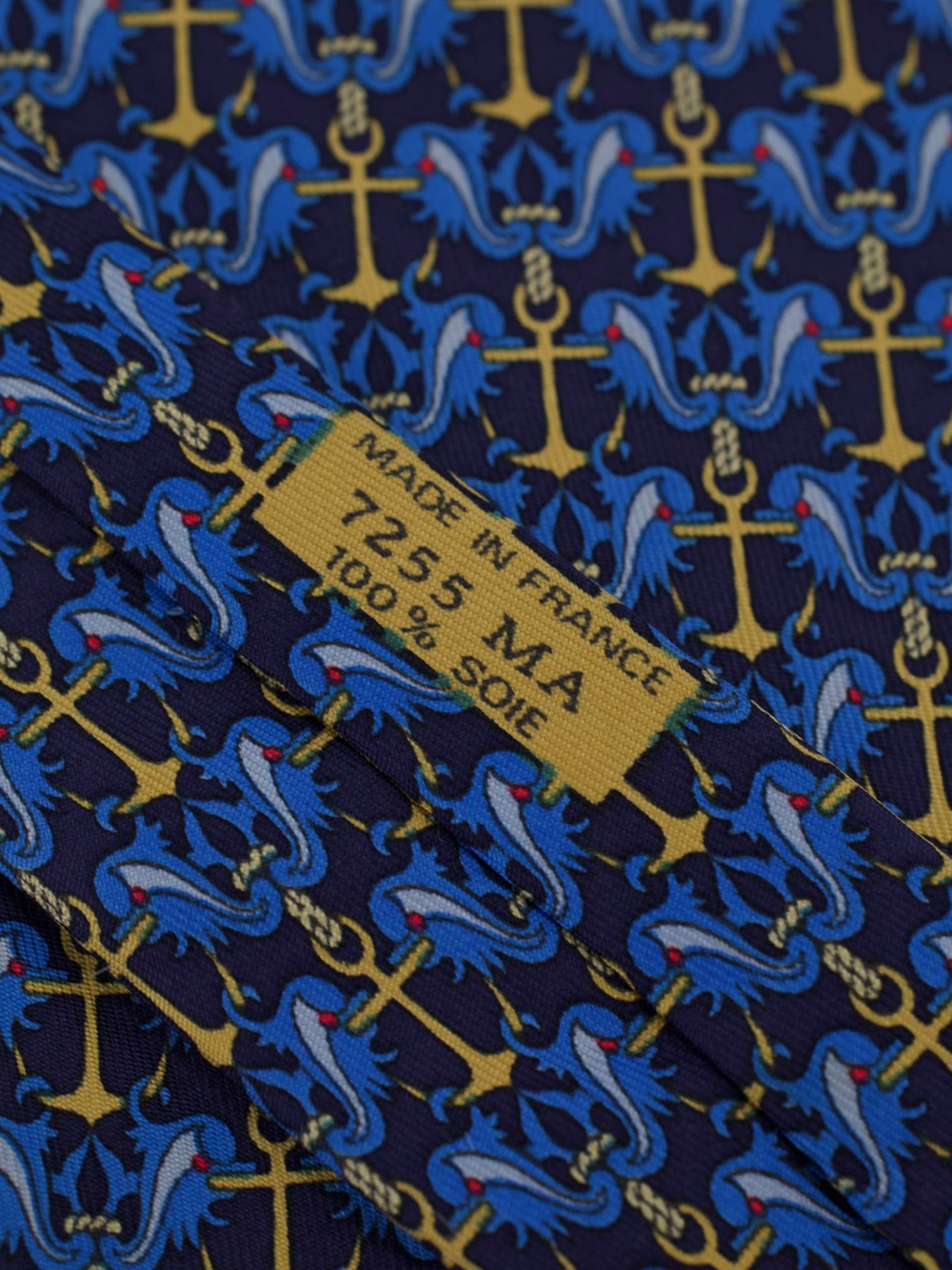 Hermès Navy & Gold Anchors Silk Blue Dolphin Tie