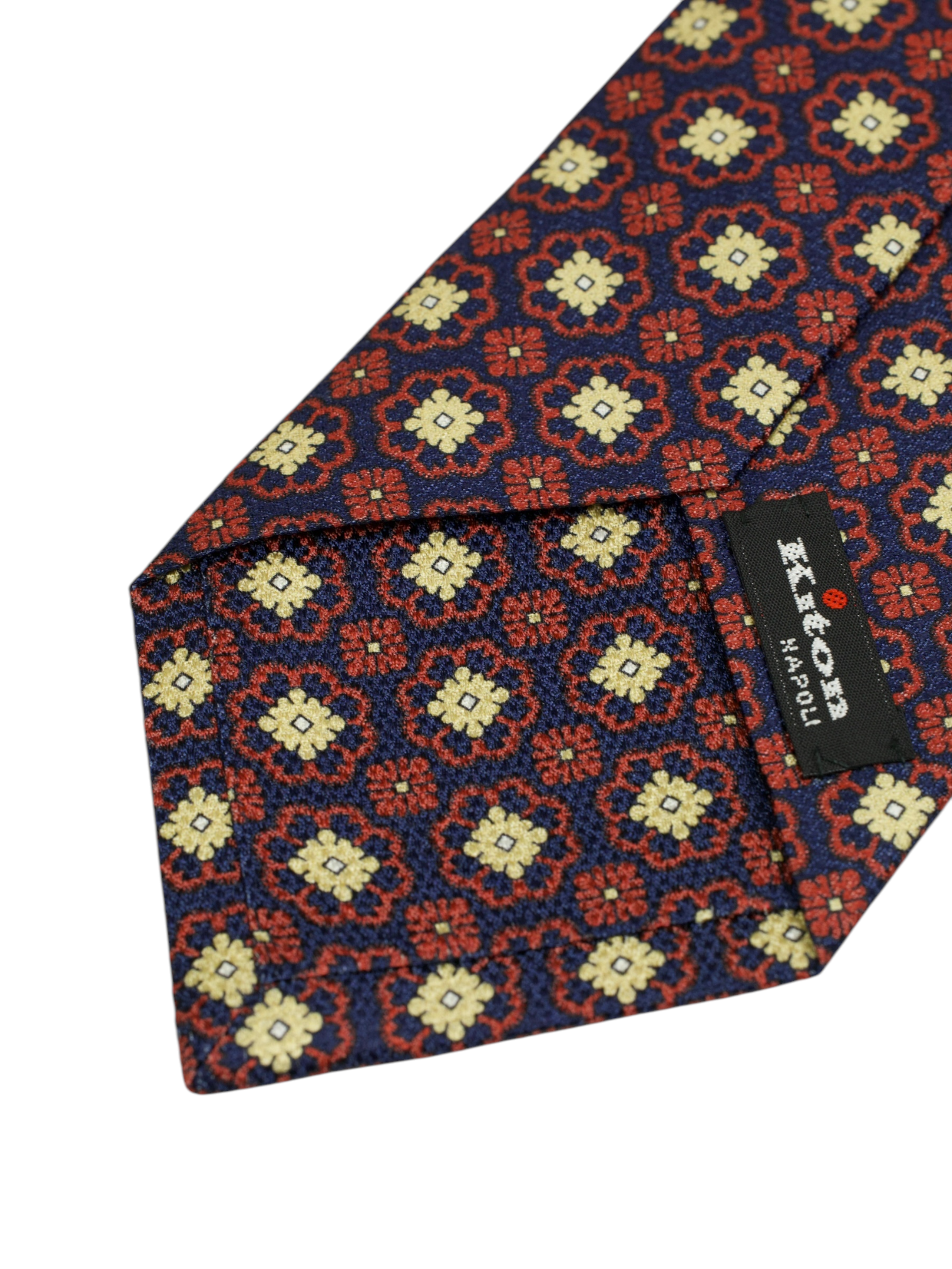 Kiton 5-Fold Navy & Red Silk Floral Medaillon Pattern Tie