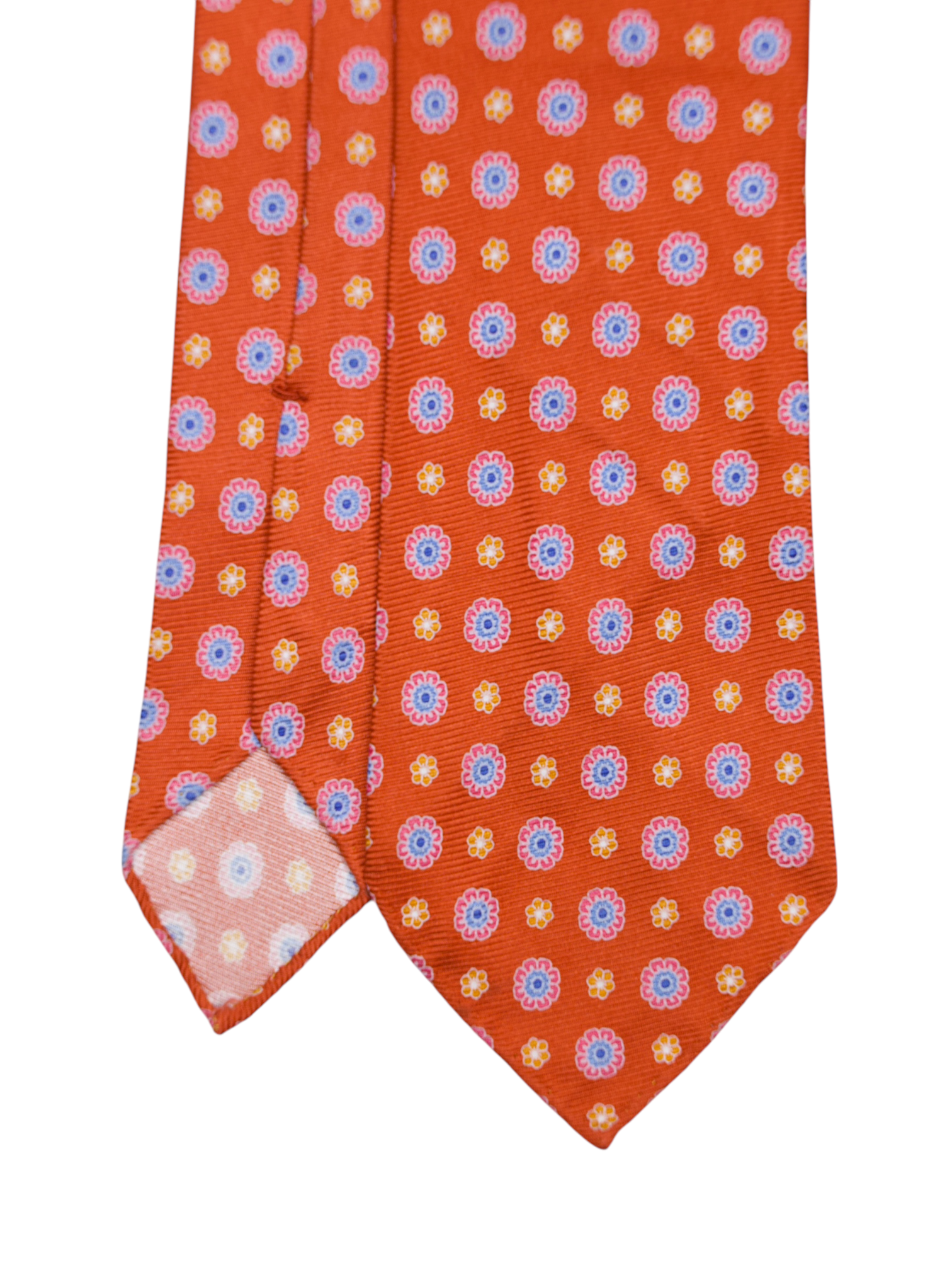 Kiton 5-Fold Red & Light Blue Handrolled Silk Floral Pattern Tie