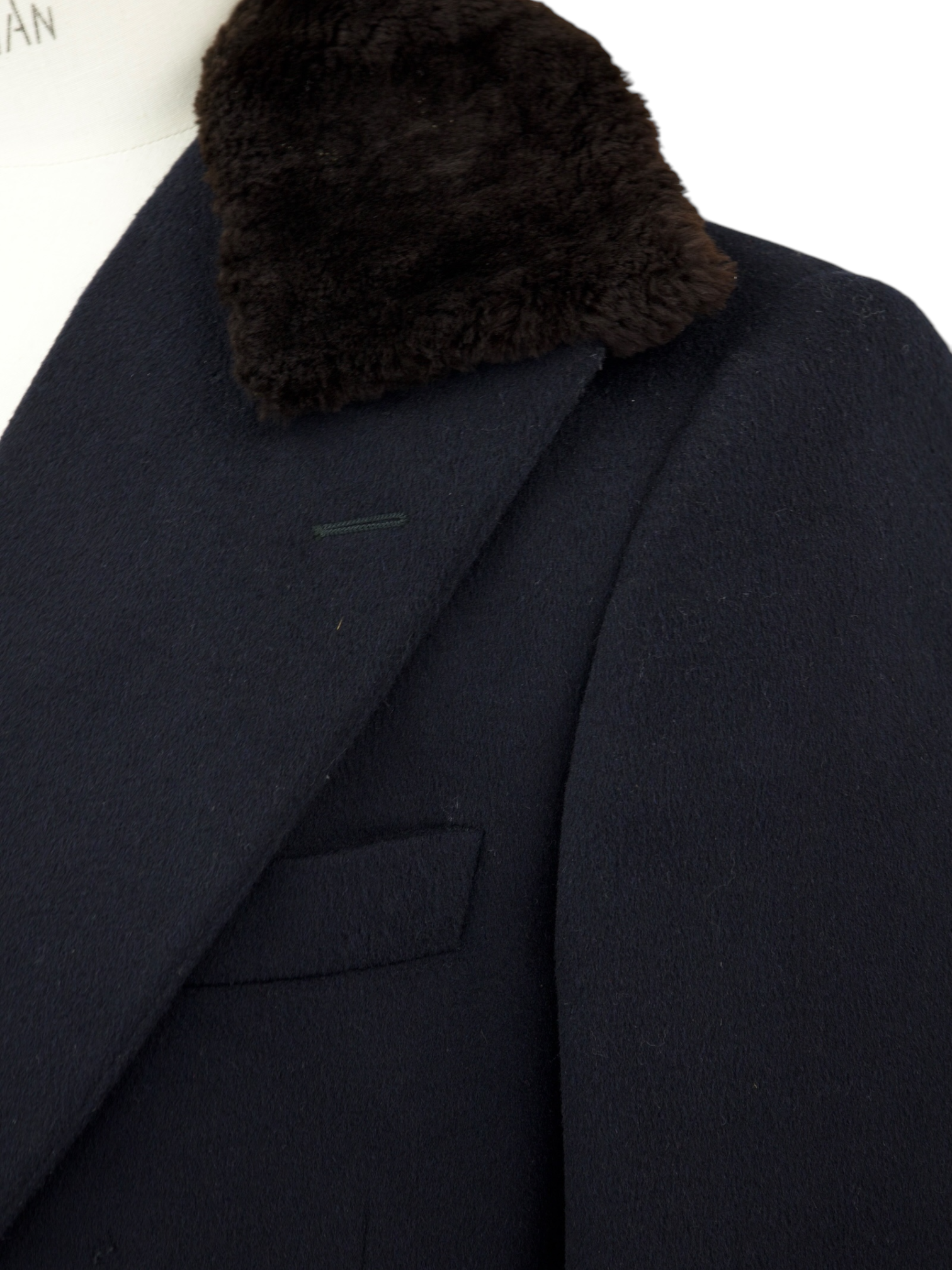 Corneliani Navy Wool Blend Shearling-Collar Overcoat