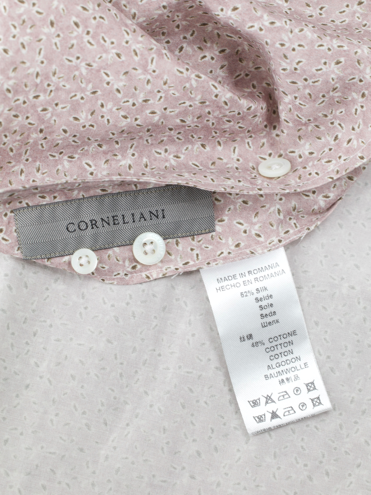Corneliani Soft Pink & Olive Green Silk & Cotton Geometric Summer Shirt