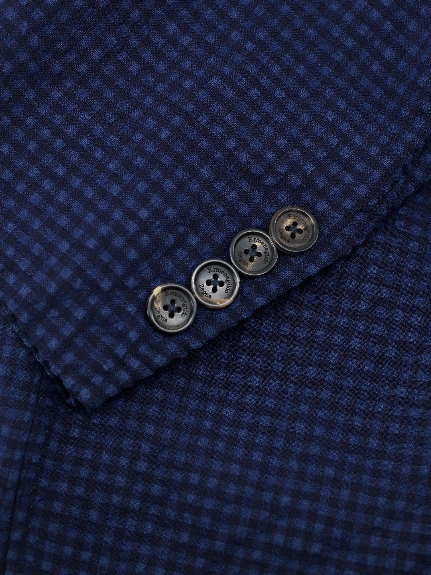 Ermenegildo Zegna Dark Blue Wool, Linen, Silk & Stretch Seersucker Gingham Jacket
