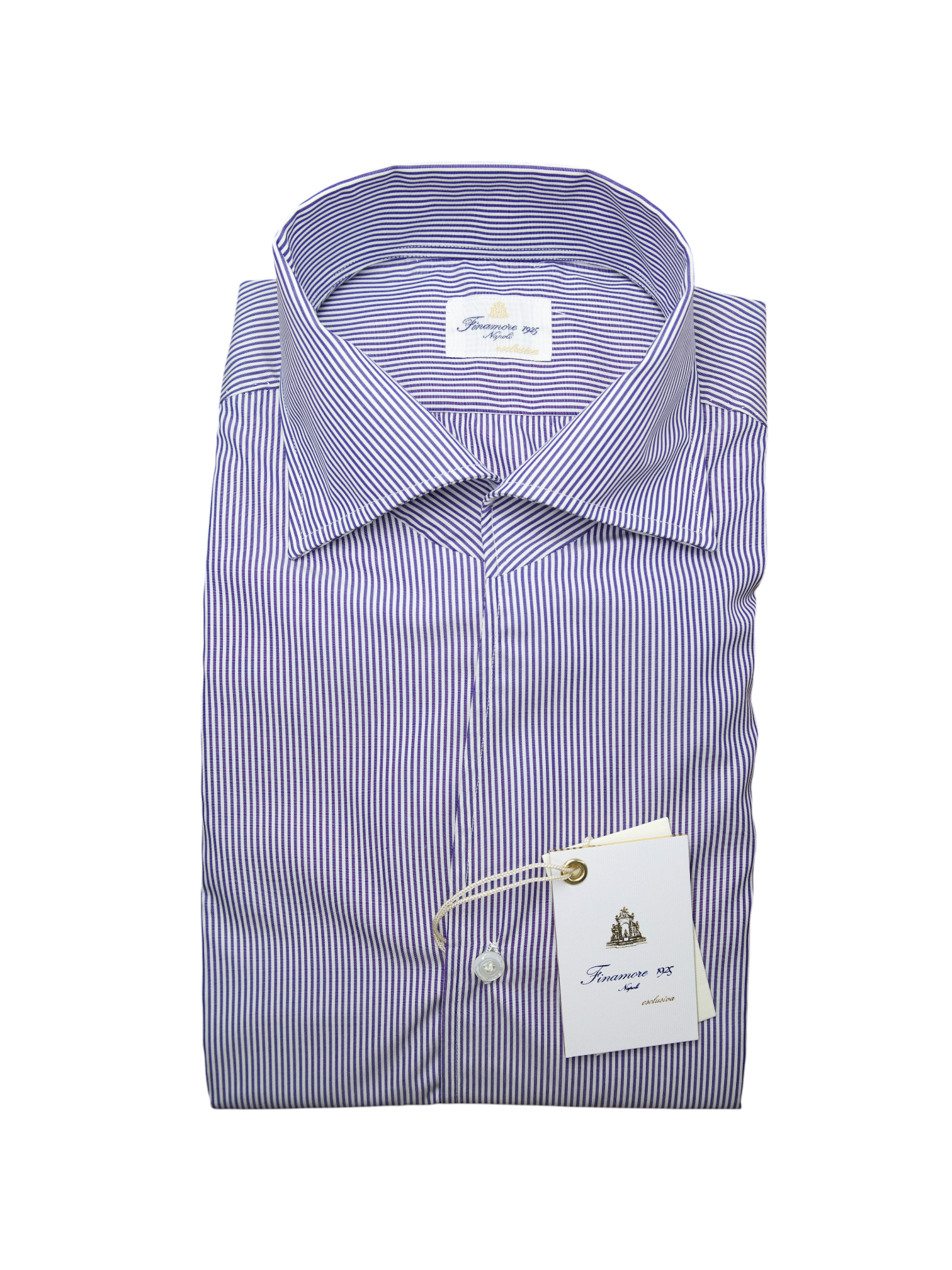 Finamore Esclusiva Blue Cotton Handmade One-Piece-Collar Pinstripe Shirt