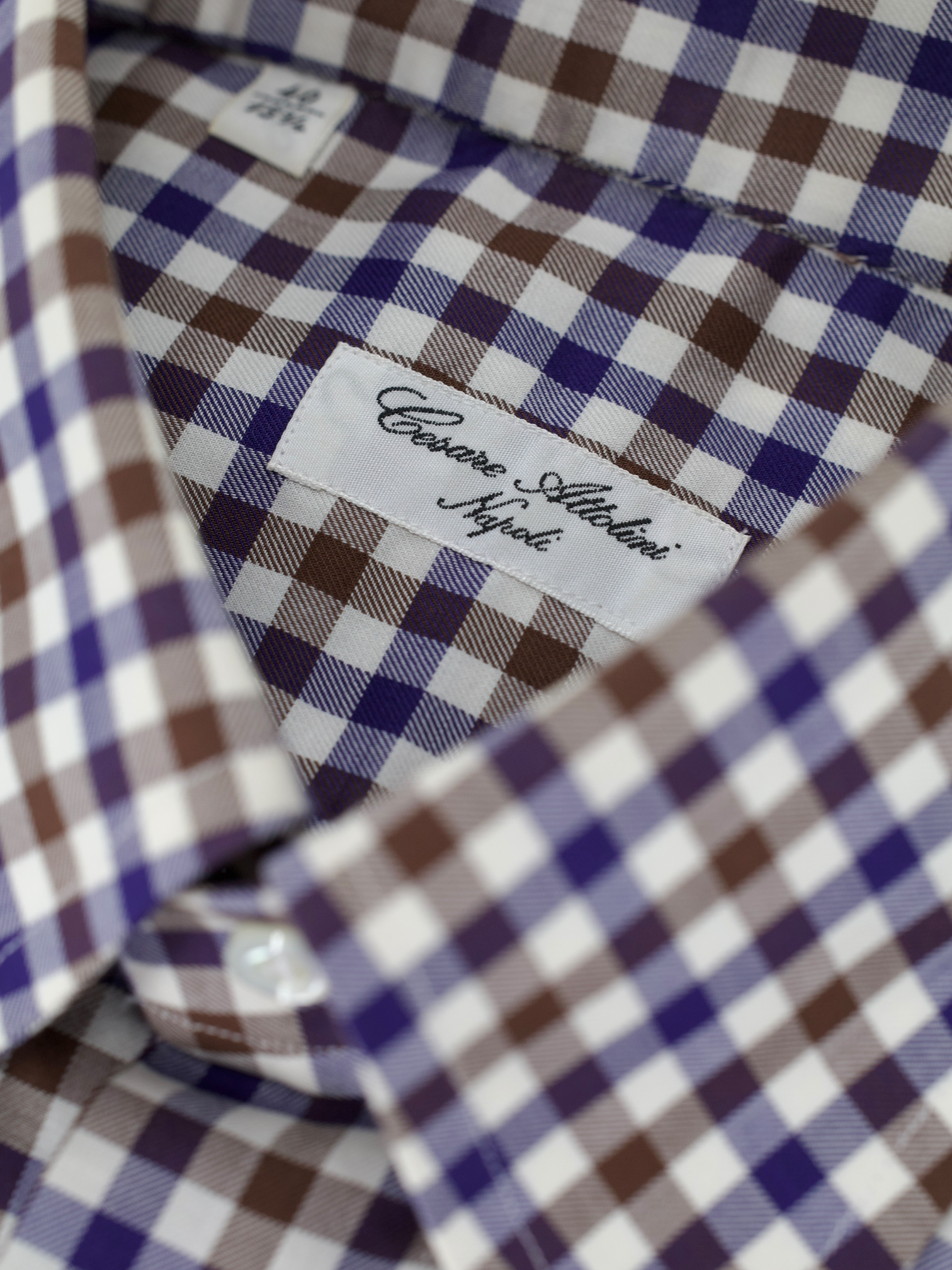 Cesare Attolini Brown & Navy Cotton Gingham-Check Button Down Shirt