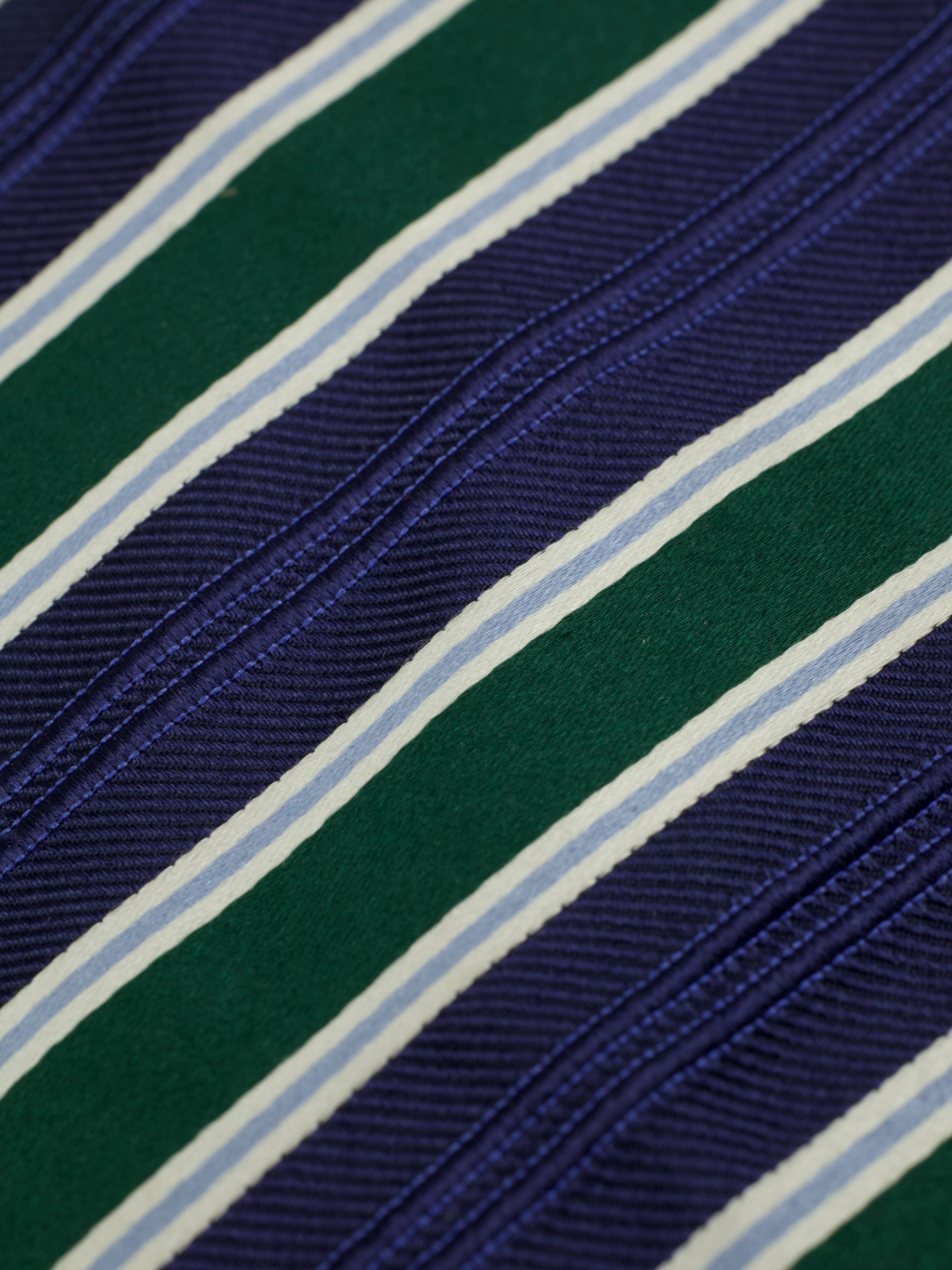 Kiton 5-Fold Blue & Green Handrolled Silk Jacquard Striped Tie